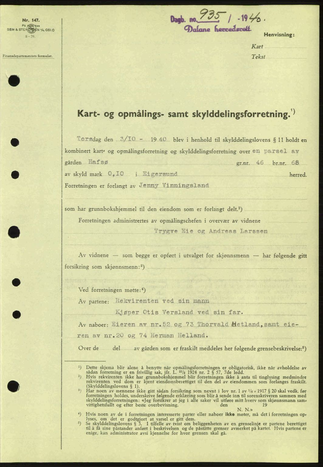 Dalane sorenskriveri, SAST/A-100309/02/G/Gb/L0044: Pantebok nr. A5, 1940-1941, Dagboknr: 935/1940