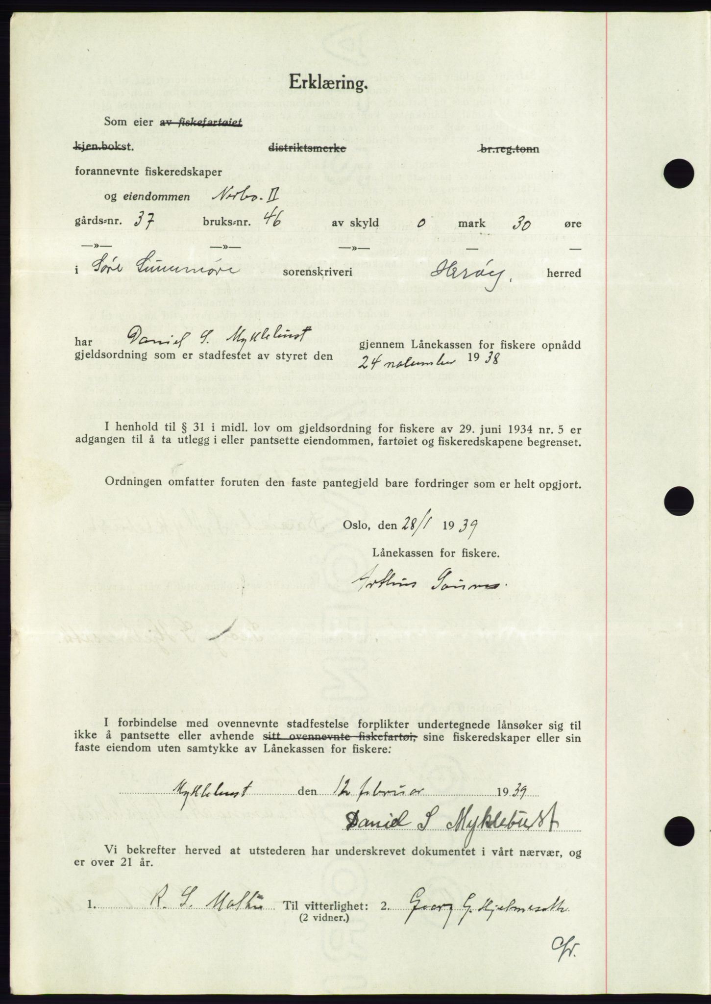 Søre Sunnmøre sorenskriveri, AV/SAT-A-4122/1/2/2C/L0067: Pantebok nr. 61, 1938-1939, Dagboknr: 457/1939