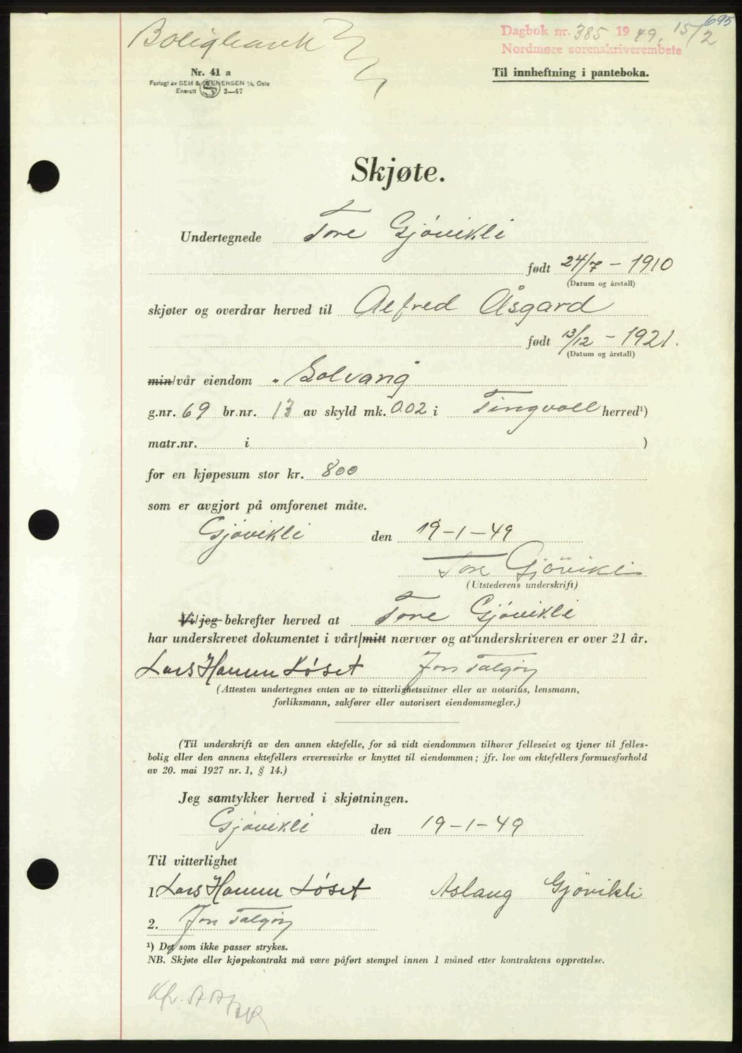 Nordmøre sorenskriveri, SAT/A-4132/1/2/2Ca: Pantebok nr. A110, 1948-1949, Dagboknr: 385/1949