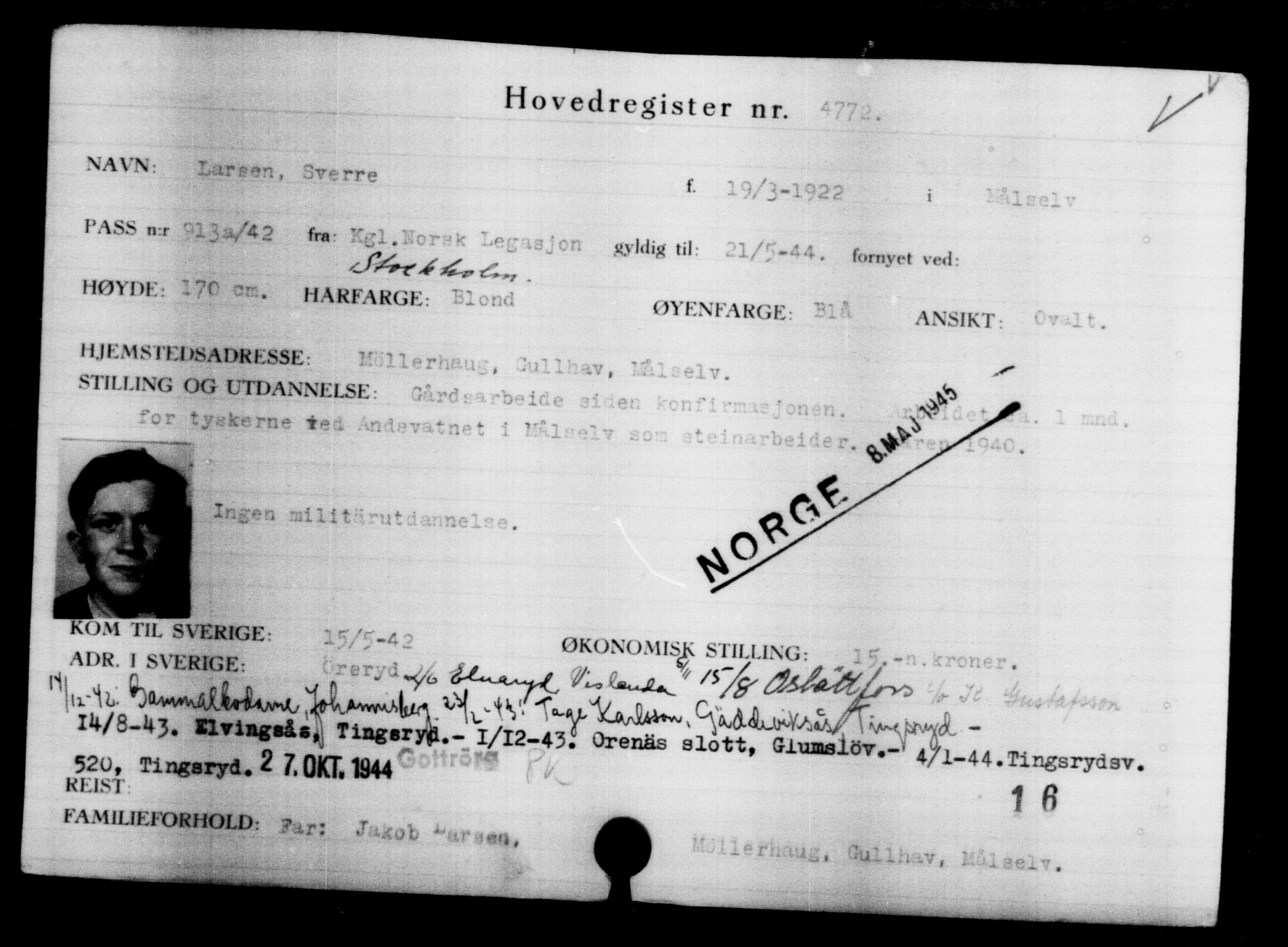 Utenriksstasjonene, Legasjonen i Stockholm, Flyktningkontoret, AV/RA-S-6753/V/Va/L0004: Kjesäterkartoteket, flyktninger med registreringsnr. 3496-6610, 1940-1945, s. 1508