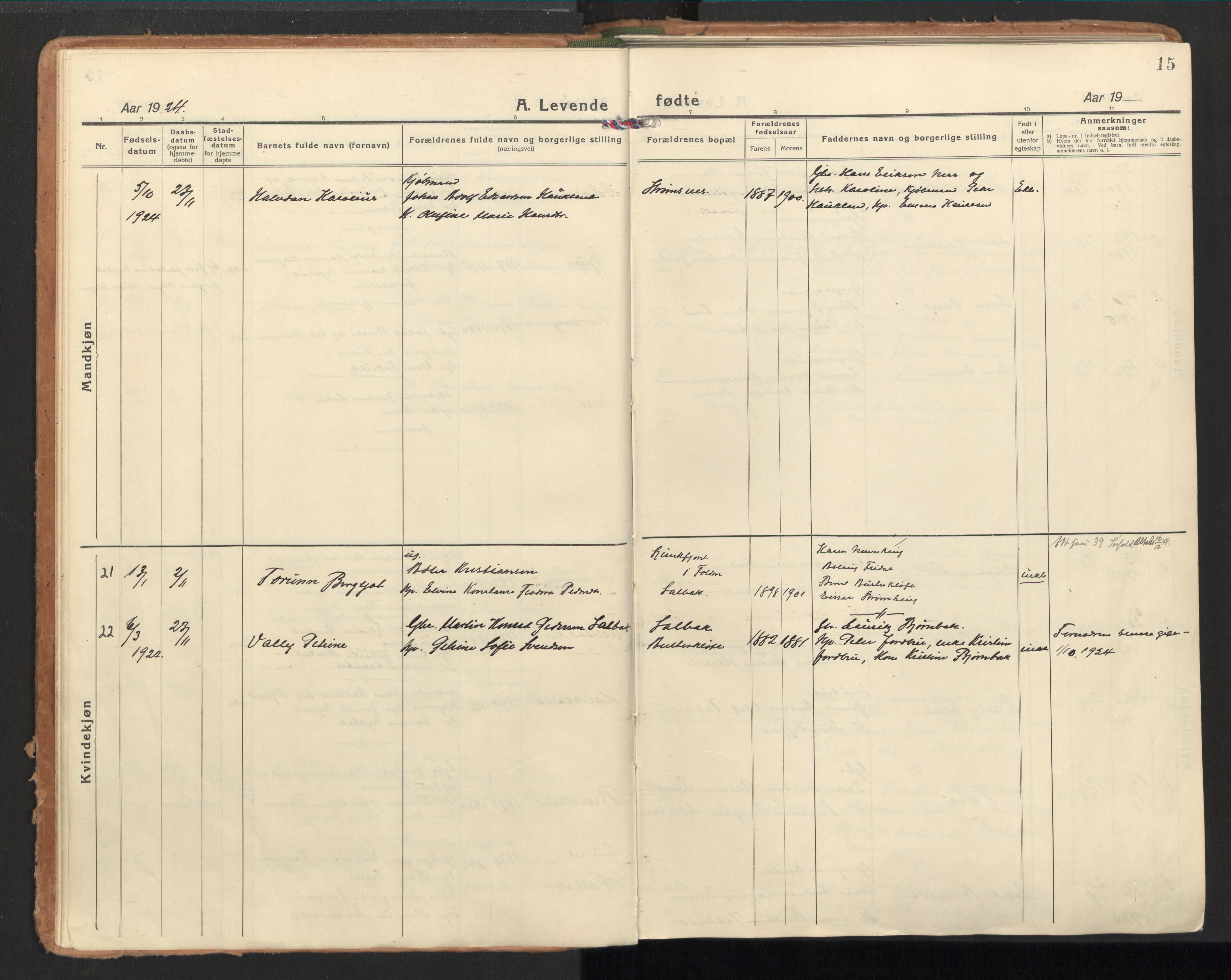 Ministerialprotokoller, klokkerbøker og fødselsregistre - Nordland, AV/SAT-A-1459/851/L0725: Ministerialbok nr. 851A02, 1922-1944, s. 15