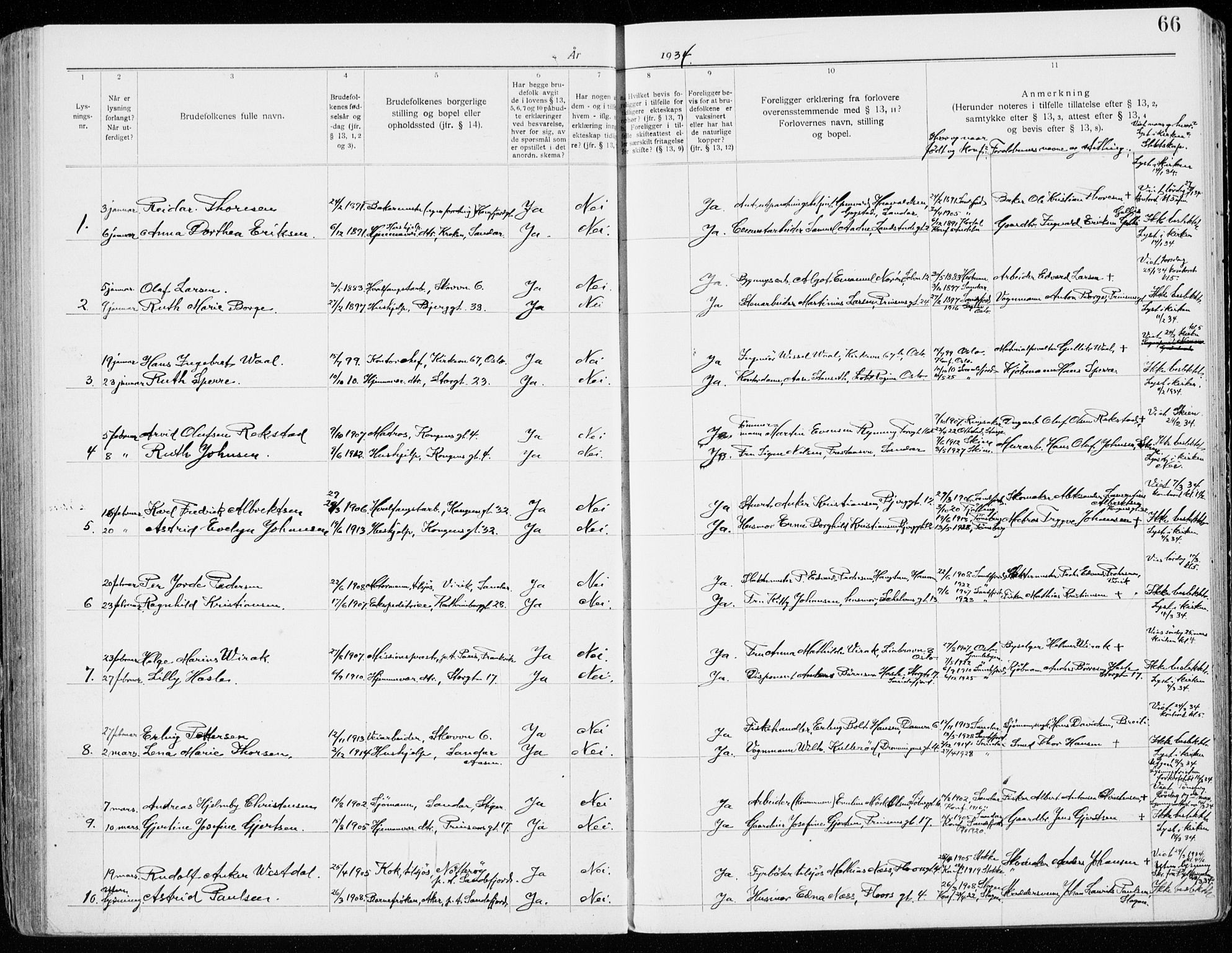 Sandefjord kirkebøker, AV/SAKO-A-315/H/Ha/L0001: Lysningsprotokoll nr. 1, 1919-1939, s. 66