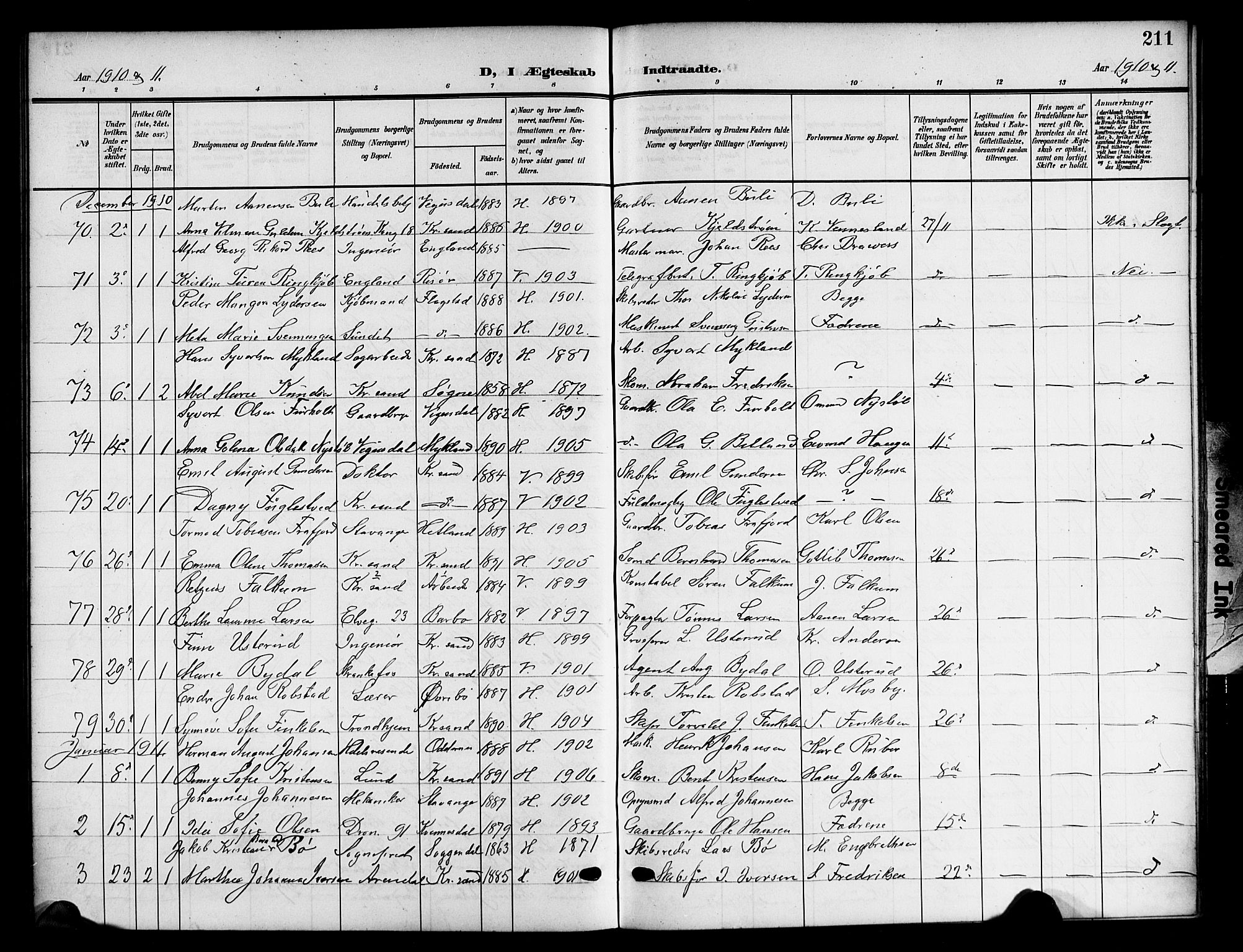 Kristiansand domprosti, AV/SAK-1112-0006/F/Fb/L0019: Klokkerbok nr. B 19, 1905-1914, s. 211