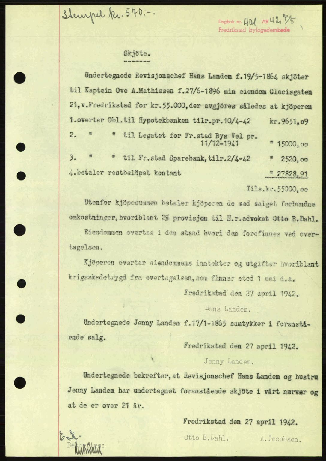 Fredrikstad byfogd, AV/SAO-A-10473a/G/Ga/Gac/L0002: Pantebok nr. A32a, 1940-1945, Dagboknr: 401/1942