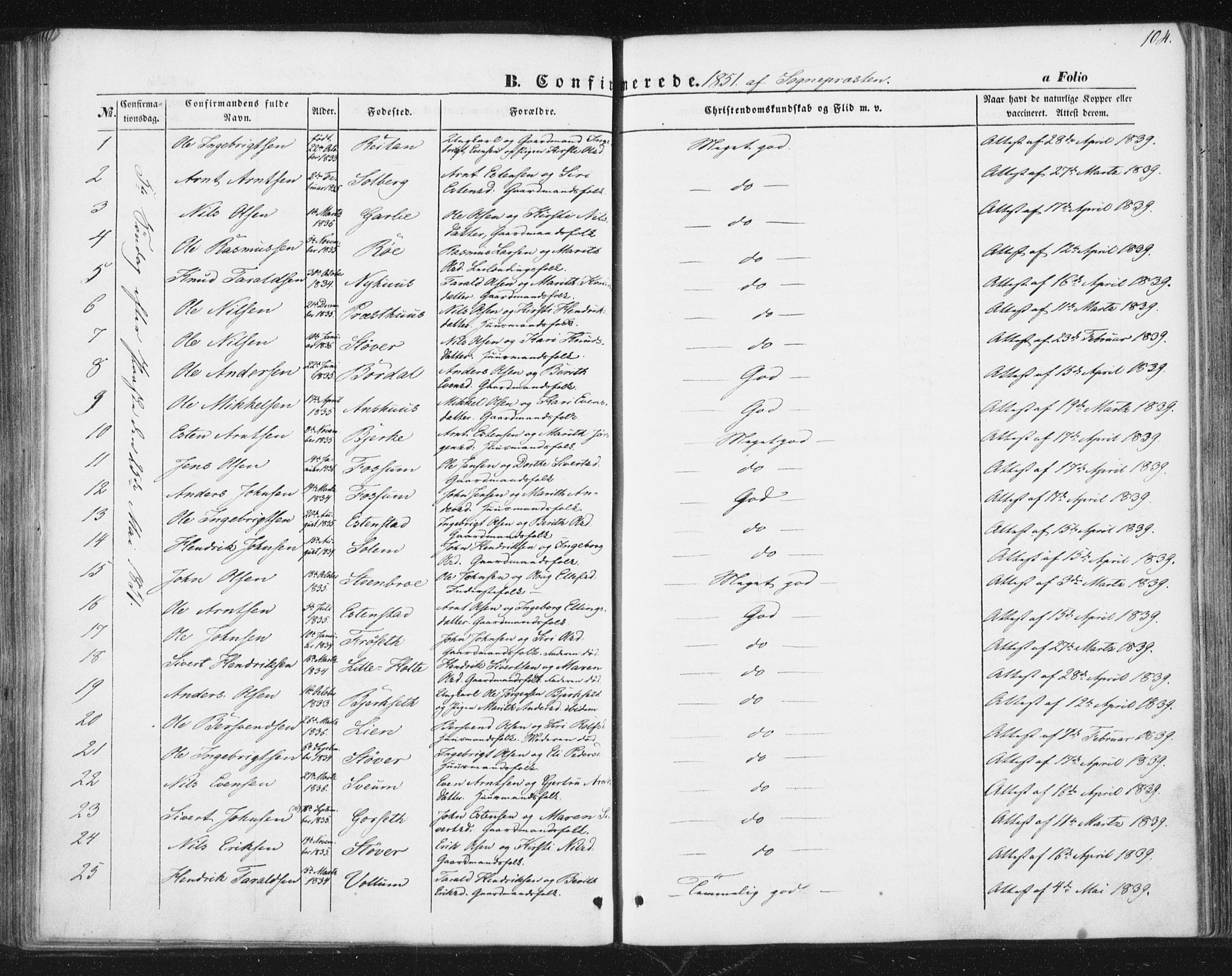 Ministerialprotokoller, klokkerbøker og fødselsregistre - Sør-Trøndelag, SAT/A-1456/689/L1038: Ministerialbok nr. 689A03, 1848-1872, s. 104
