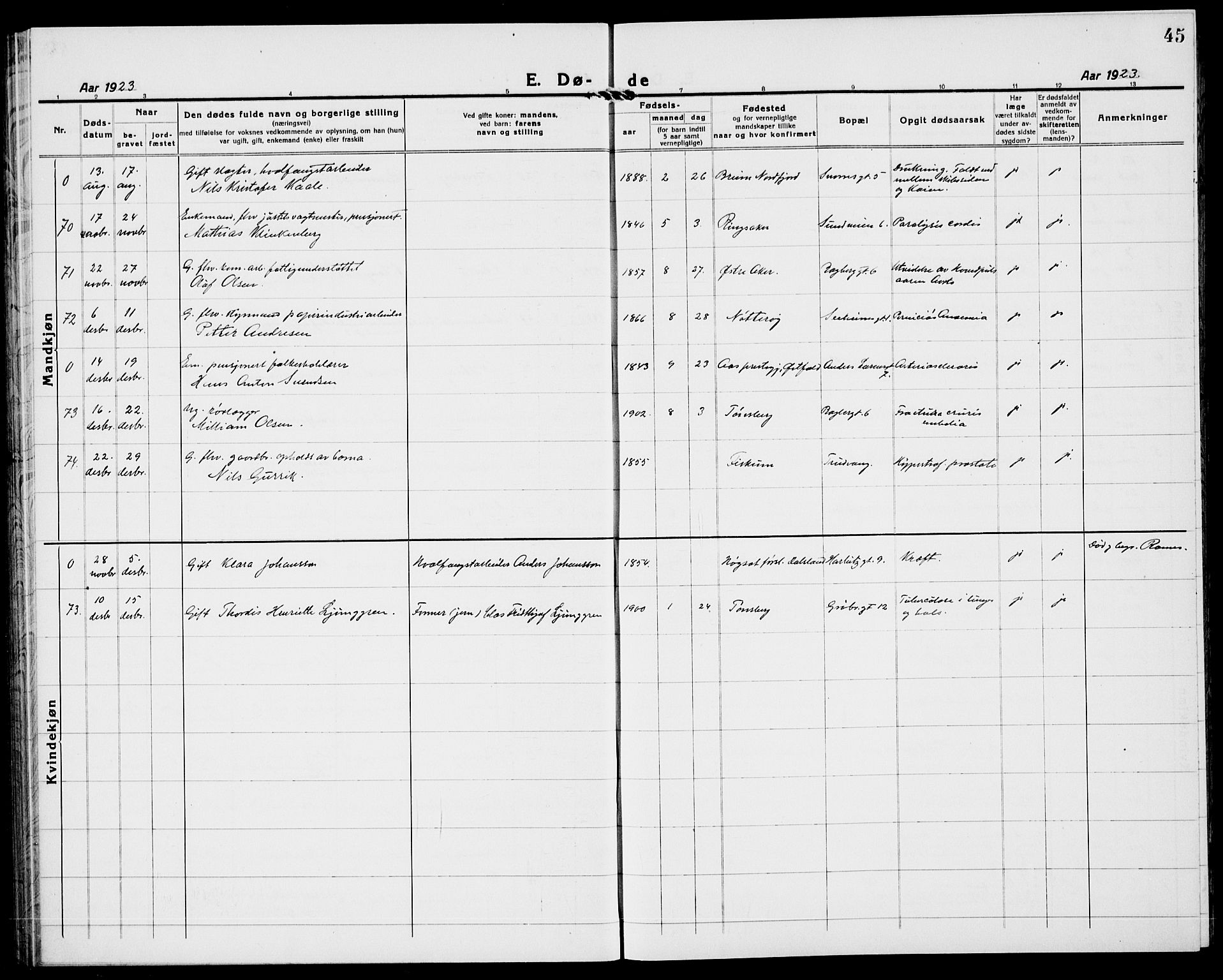 Tønsberg kirkebøker, AV/SAKO-A-330/G/Ga/L0018: Klokkerbok nr. 18, 1920-1935, s. 45