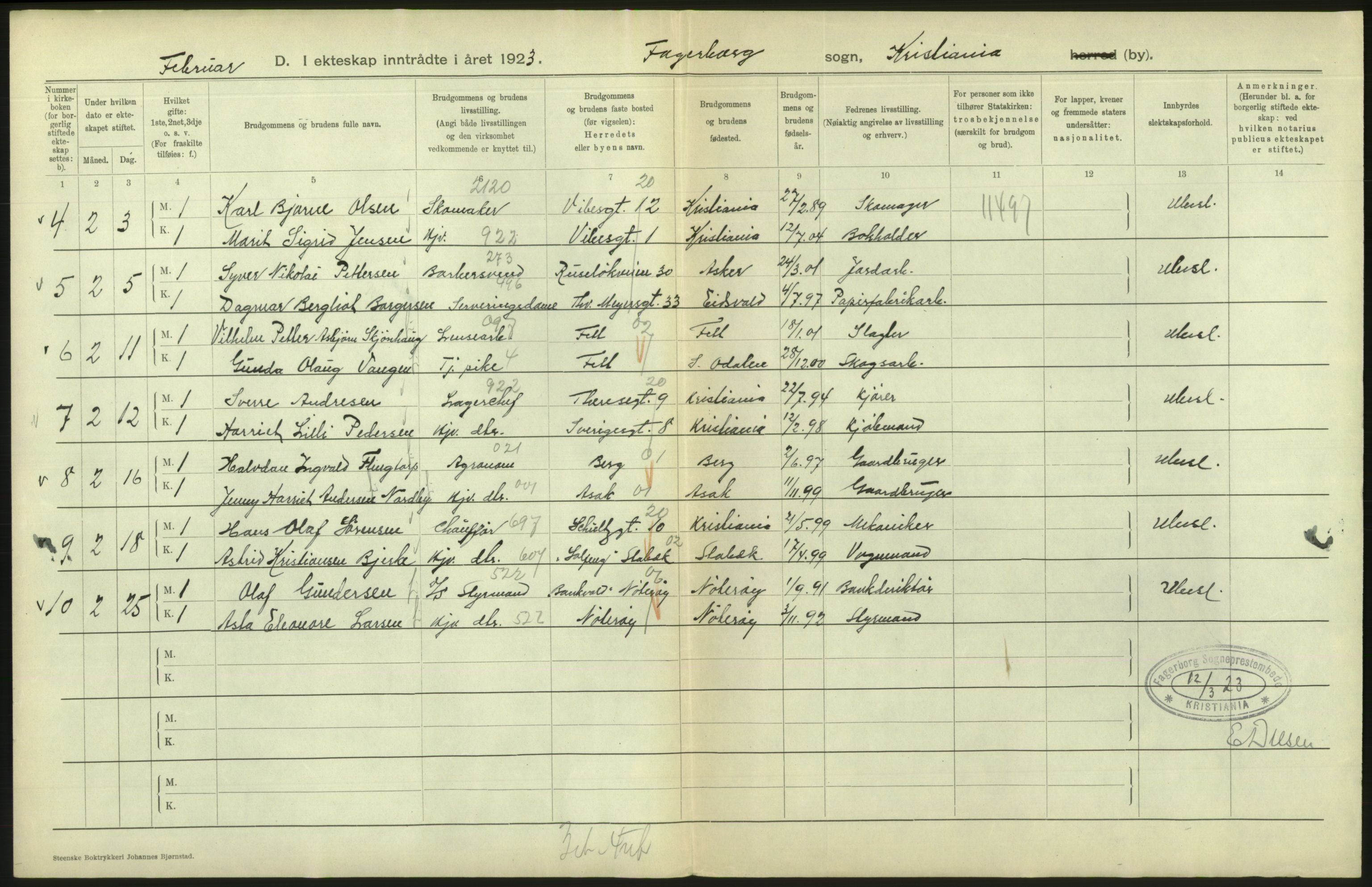 Statistisk sentralbyrå, Sosiodemografiske emner, Befolkning, AV/RA-S-2228/D/Df/Dfc/Dfcc/L0008: Kristiania: Gifte, 1923, s. 338