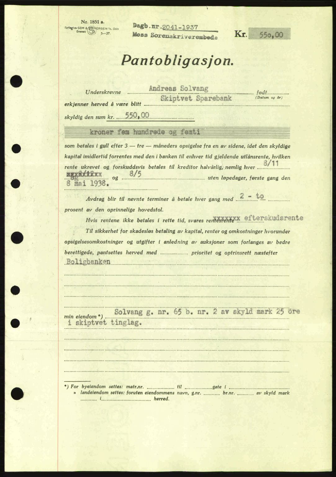 Moss sorenskriveri, SAO/A-10168: Pantebok nr. B4, 1937-1938, Dagboknr: 2041/1937