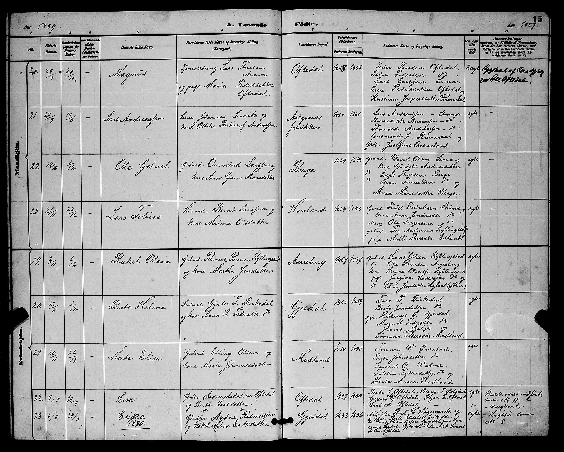 Lye sokneprestkontor, AV/SAST-A-101794/001/30BB/L0008: Klokkerbok nr. B 7, 1887-1901, s. 15