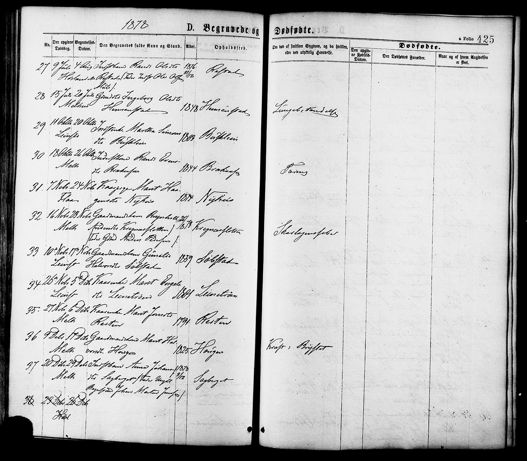 Ministerialprotokoller, klokkerbøker og fødselsregistre - Sør-Trøndelag, SAT/A-1456/691/L1079: Ministerialbok nr. 691A11, 1873-1886, s. 425