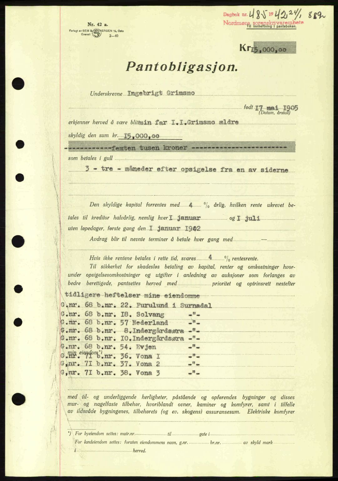 Nordmøre sorenskriveri, SAT/A-4132/1/2/2Ca: Pantebok nr. B88, 1941-1942, Dagboknr: 485/1942