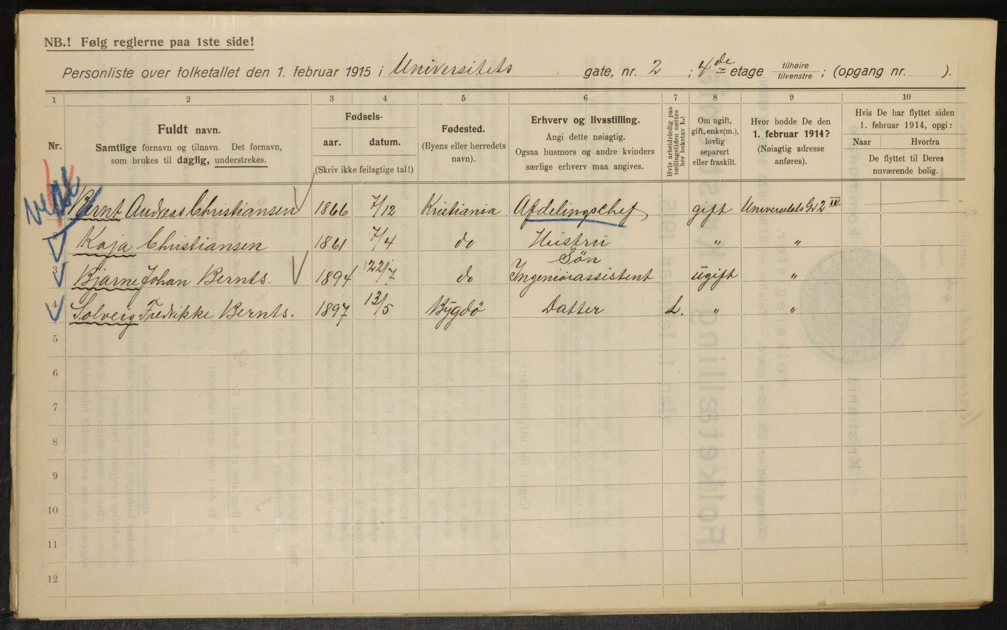 OBA, Kommunal folketelling 1.2.1915 for Kristiania, 1915, s. 120615