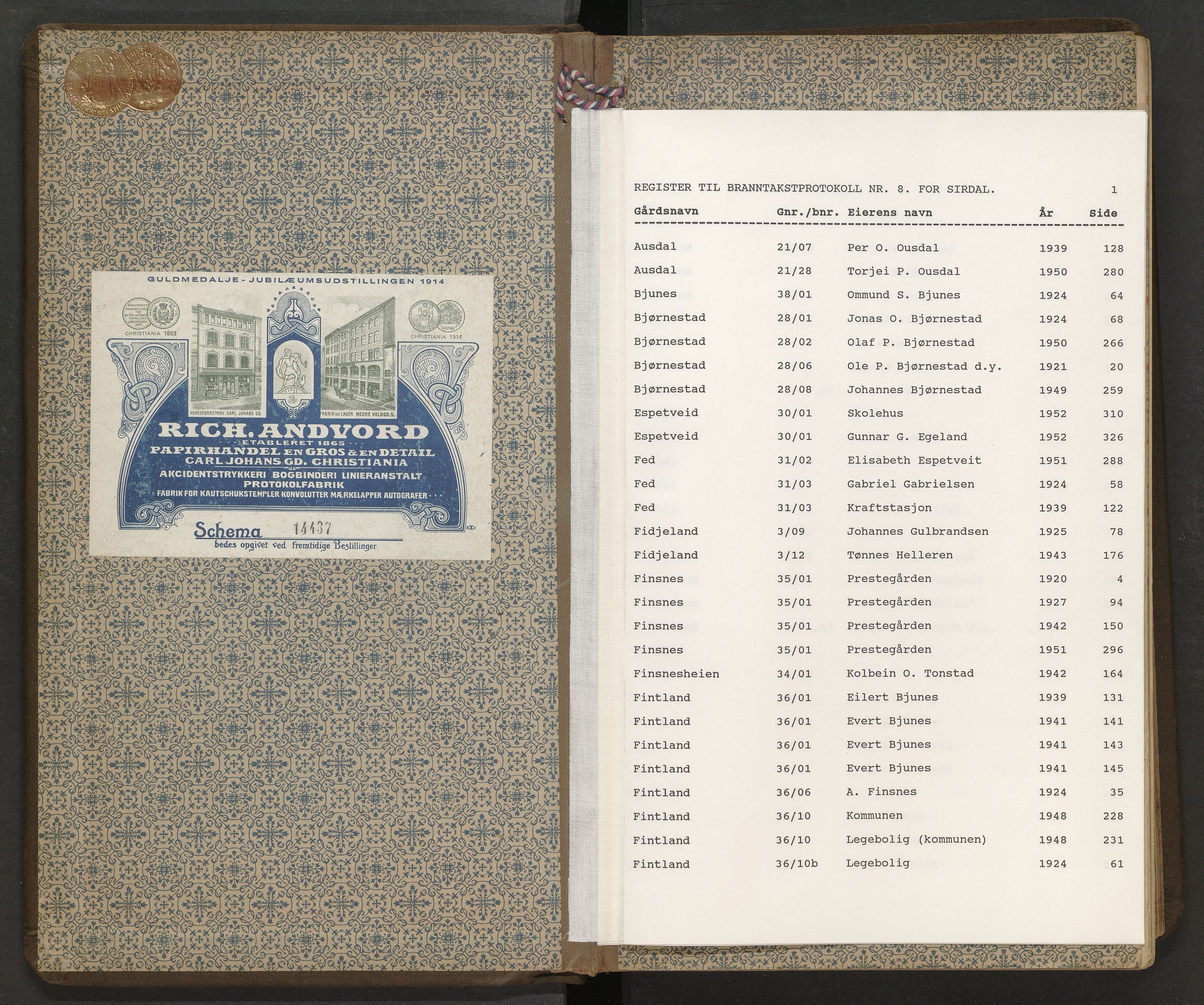 Norges Brannkasse Sirdal, AV/SAK-2241-0044/F/Fa/L0009: Branntakstprotokoll nr. 8 med gårdsnavnregister, 1920-1967