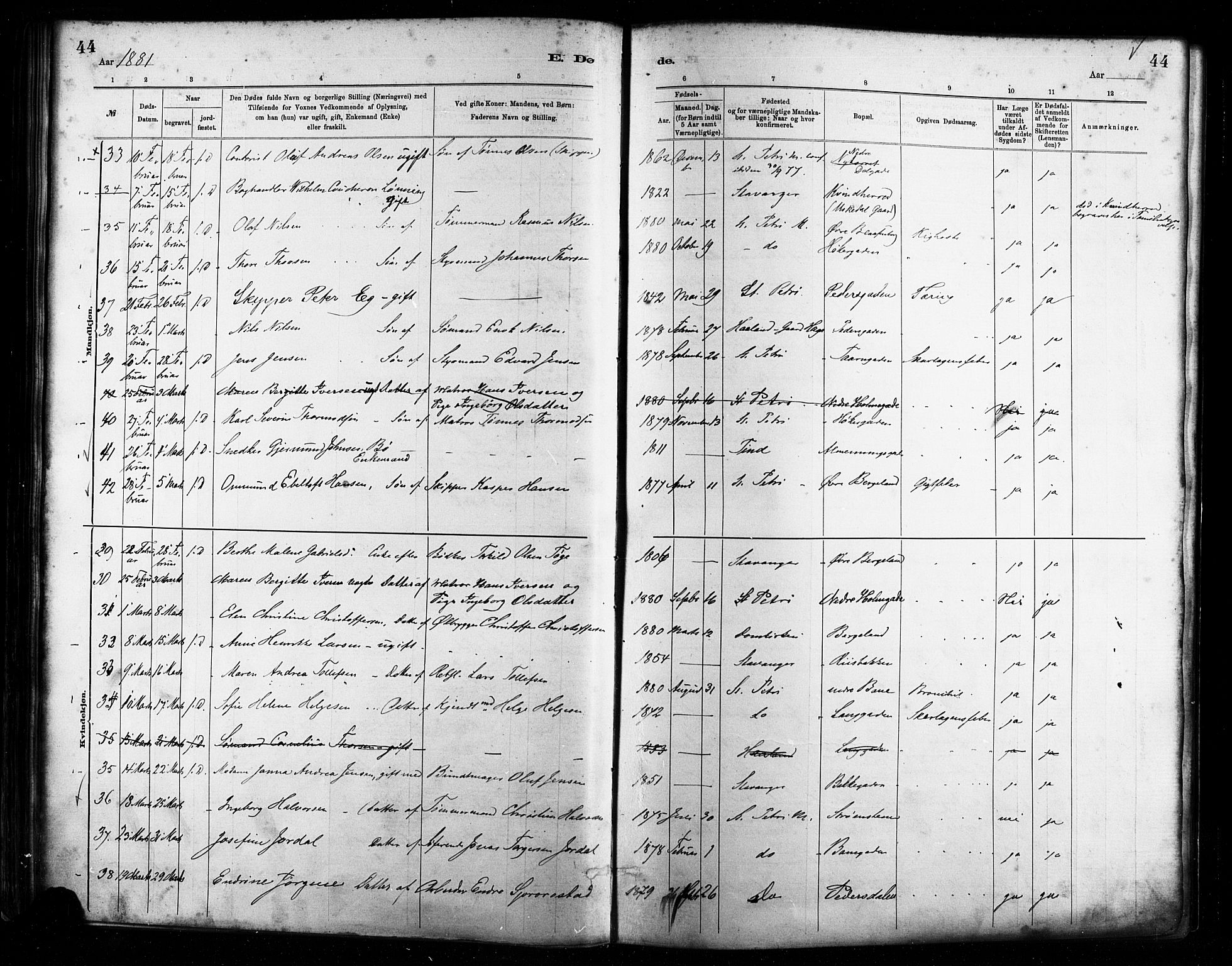St. Petri sokneprestkontor, AV/SAST-A-101813/001/30/30BA/L0017: Ministerialbok nr. A 17, 1879-1895, s. 44