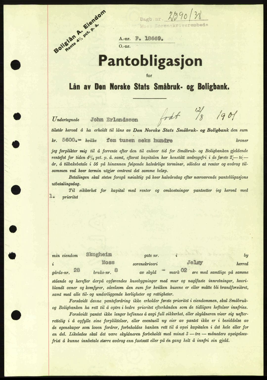 Moss sorenskriveri, SAO/A-10168: Pantebok nr. B6, 1938-1938, Dagboknr: 2390/1938