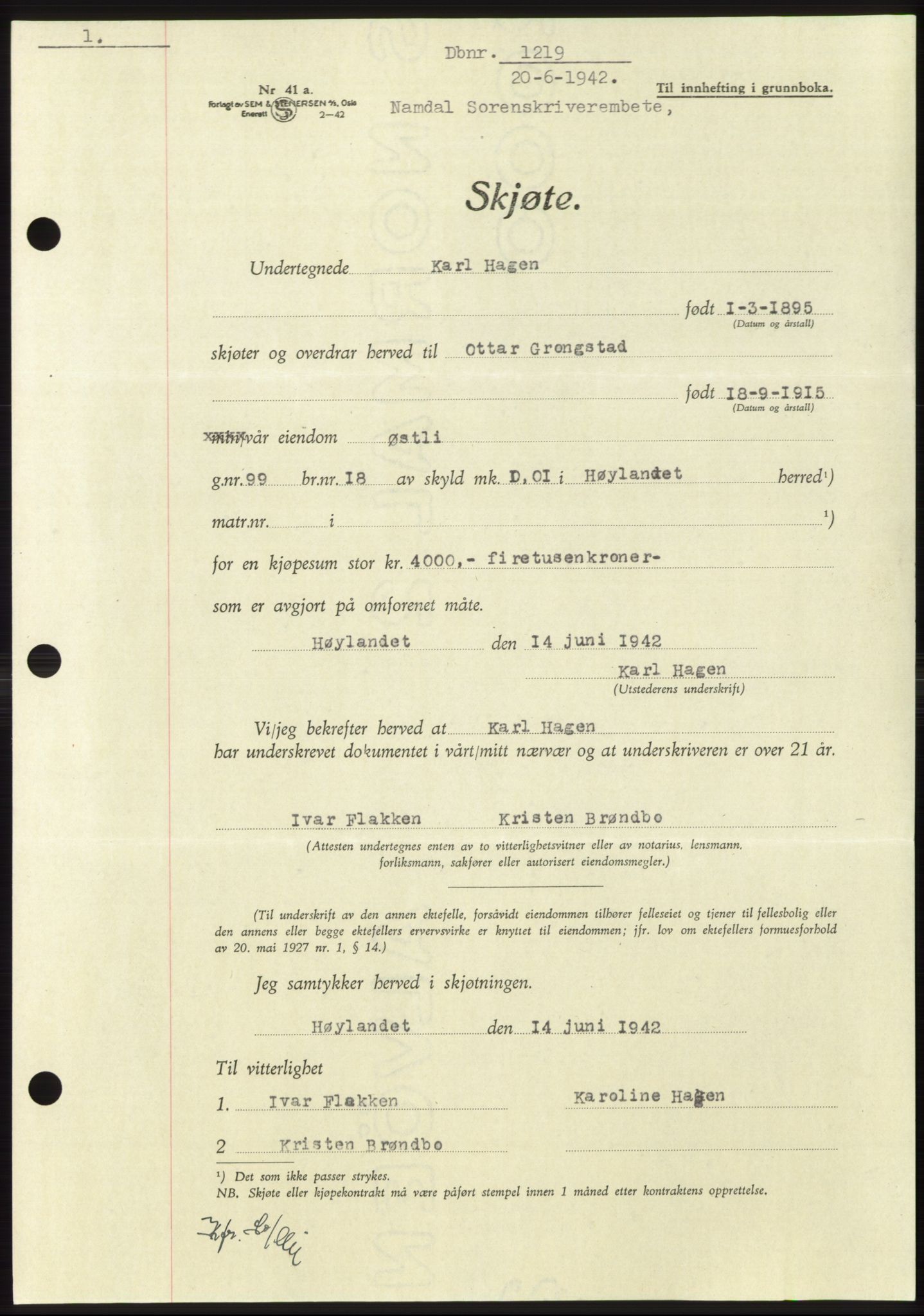 Namdal sorenskriveri, SAT/A-4133/1/2/2C: Pantebok nr. -, 1941-1942, Dagboknr: 1219/1942