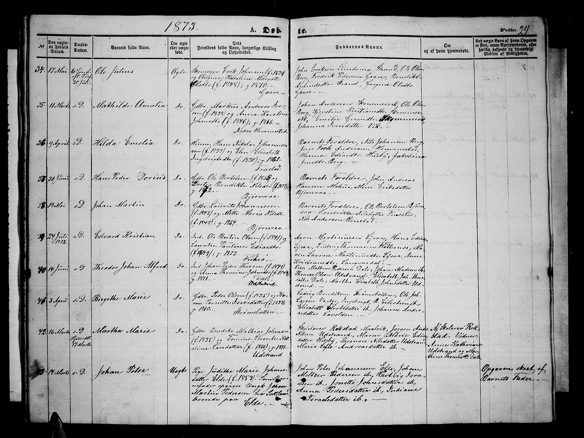 Kvæfjord sokneprestkontor, AV/SATØ-S-1323/G/Ga/Gab/L0004klokker: Klokkerbok nr. 4, 1870-1886, s. 24
