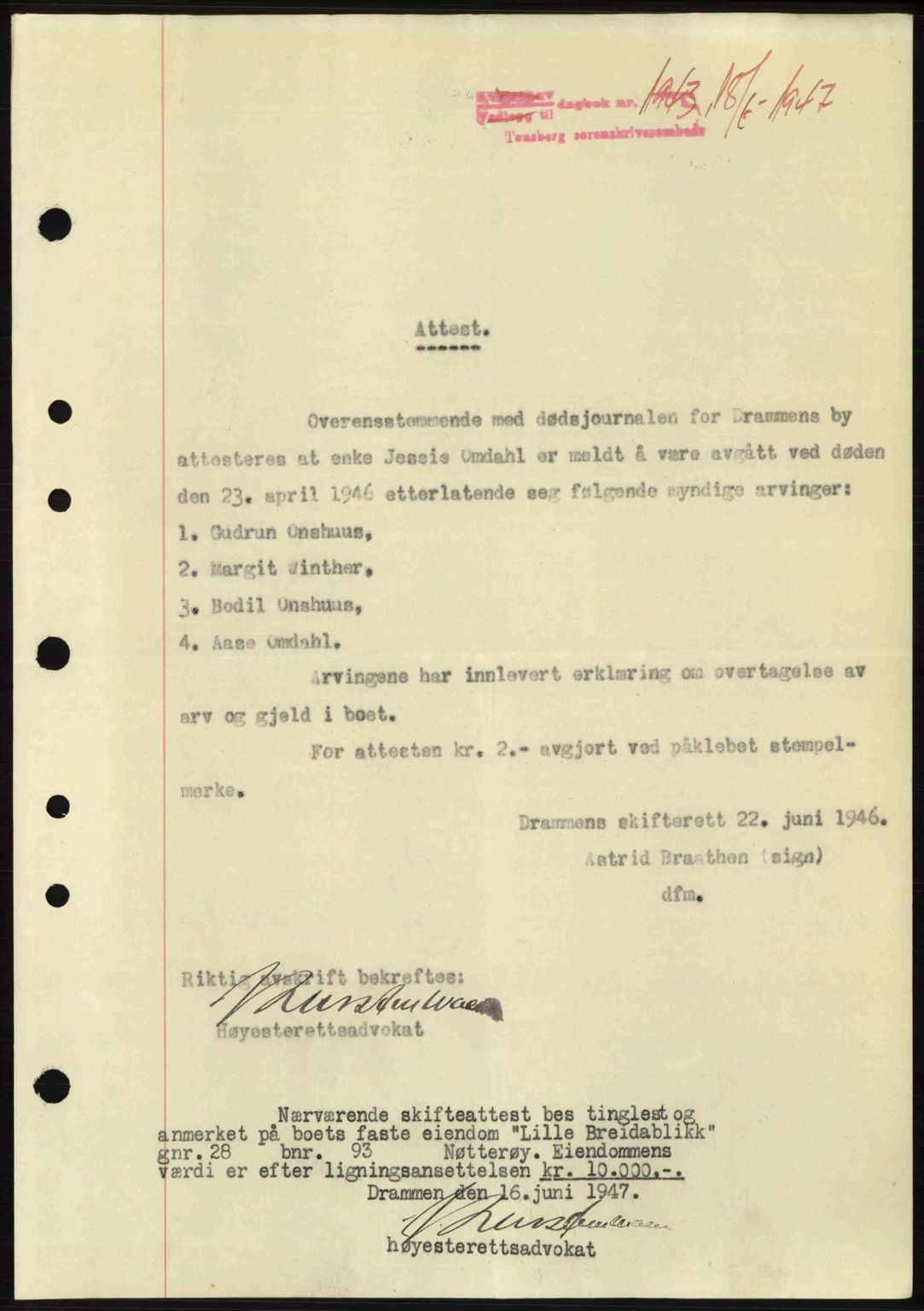 Tønsberg sorenskriveri, SAKO/A-130/G/Ga/Gaa/L0022: Pantebok nr. A22, 1947-1947, Dagboknr: 1943/1947