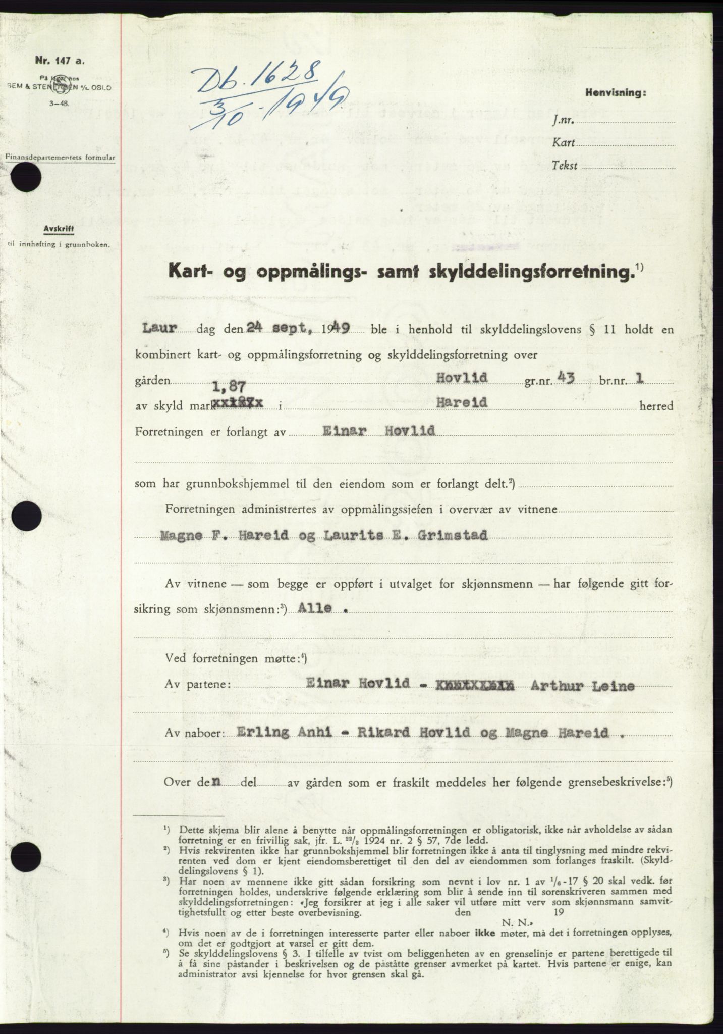 Søre Sunnmøre sorenskriveri, SAT/A-4122/1/2/2C/L0085: Pantebok nr. 11A, 1949-1949, Dagboknr: 1628/1949