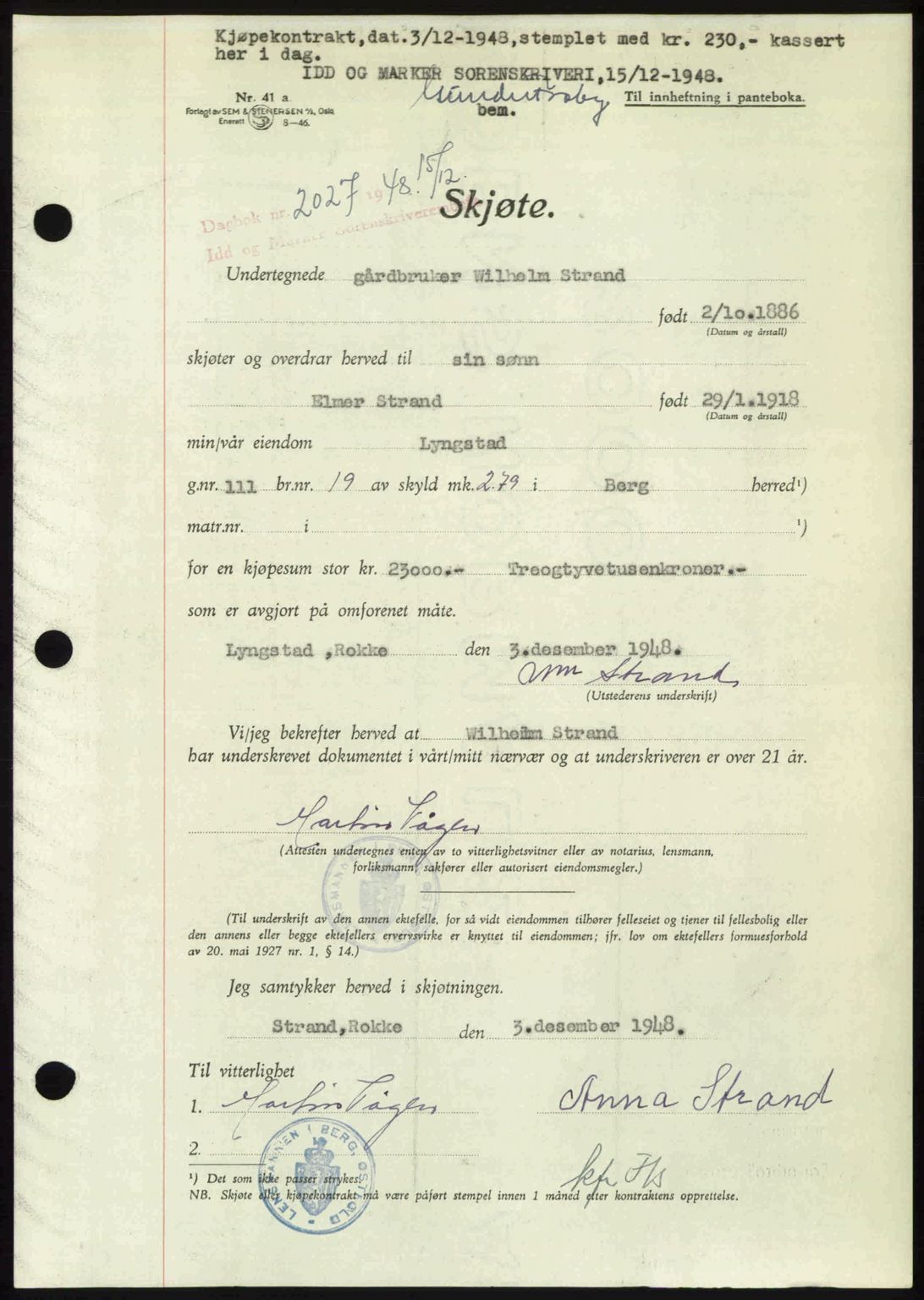 Idd og Marker sorenskriveri, SAO/A-10283/G/Gb/Gbb/L0011: Pantebok nr. A11, 1948-1949, Dagboknr: 2027/1948