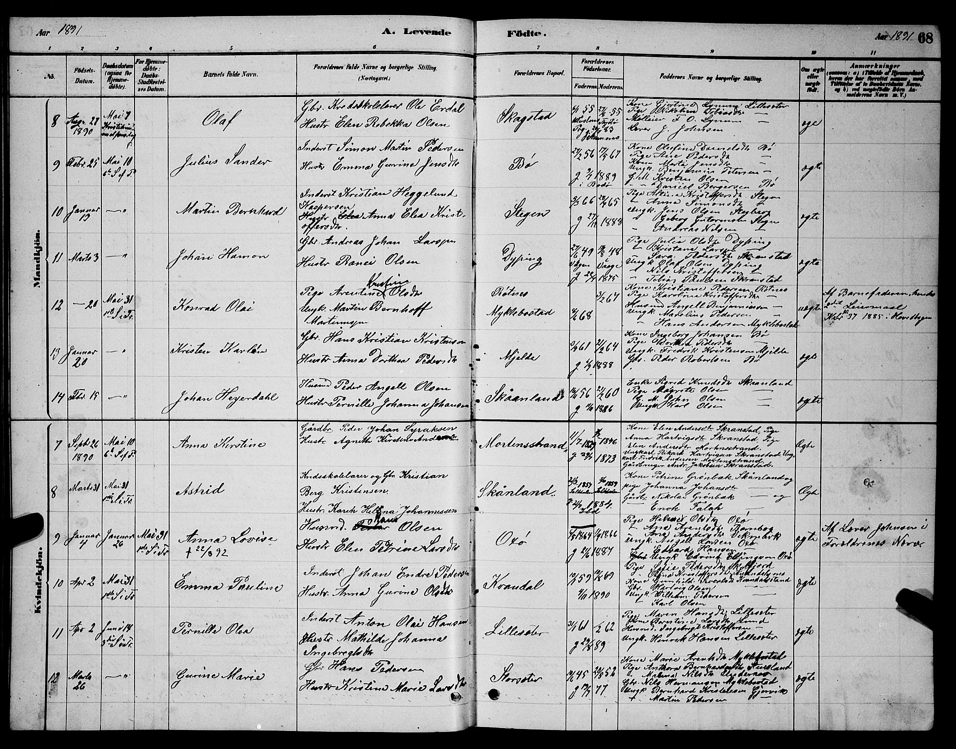 Ministerialprotokoller, klokkerbøker og fødselsregistre - Nordland, SAT/A-1459/855/L0816: Klokkerbok nr. 855C05, 1879-1894, s. 68