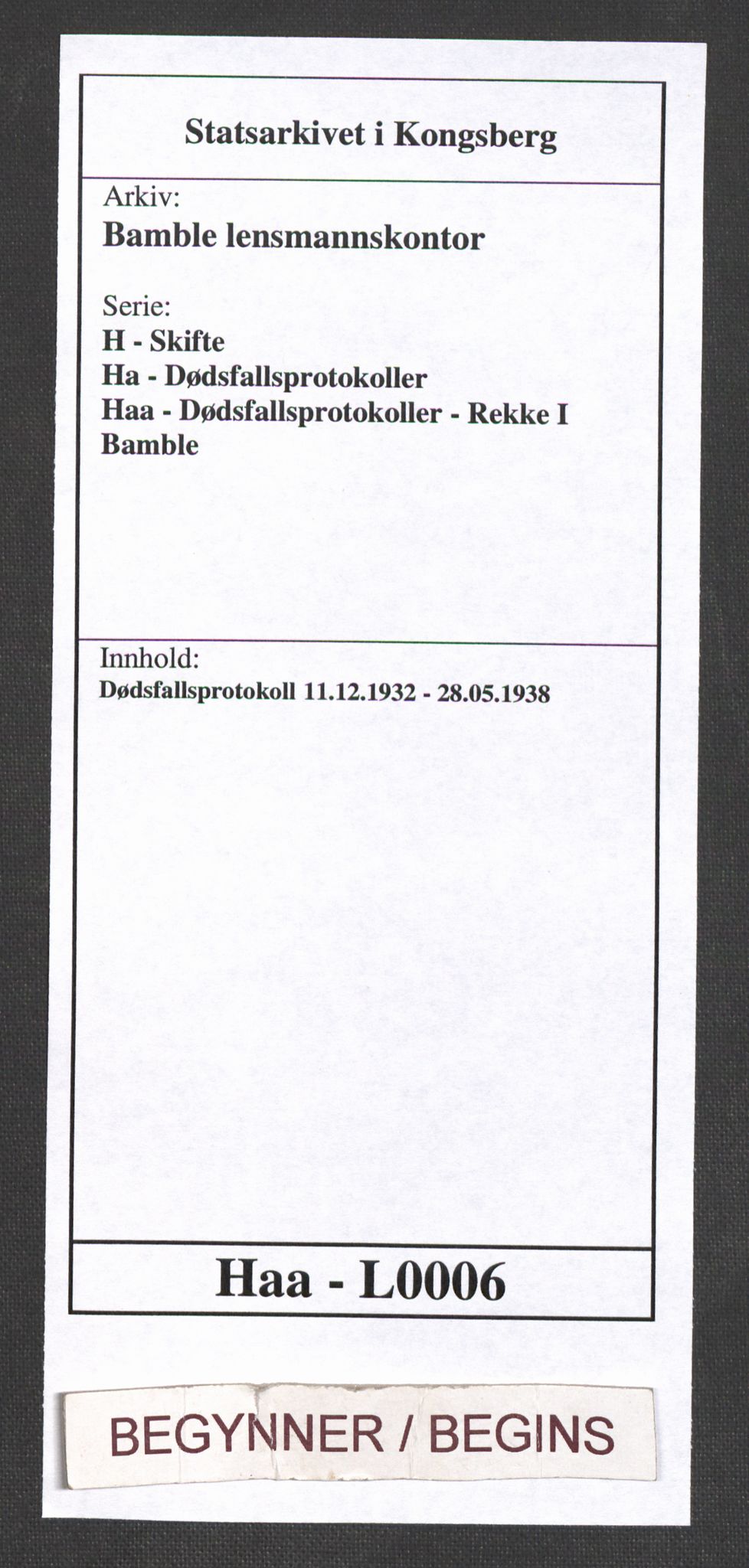 Bamble lensmannskontor, AV/SAKO-A-552/H/Ha/Haa/L0006: Dødsfallsprotokoll, 1932-1938