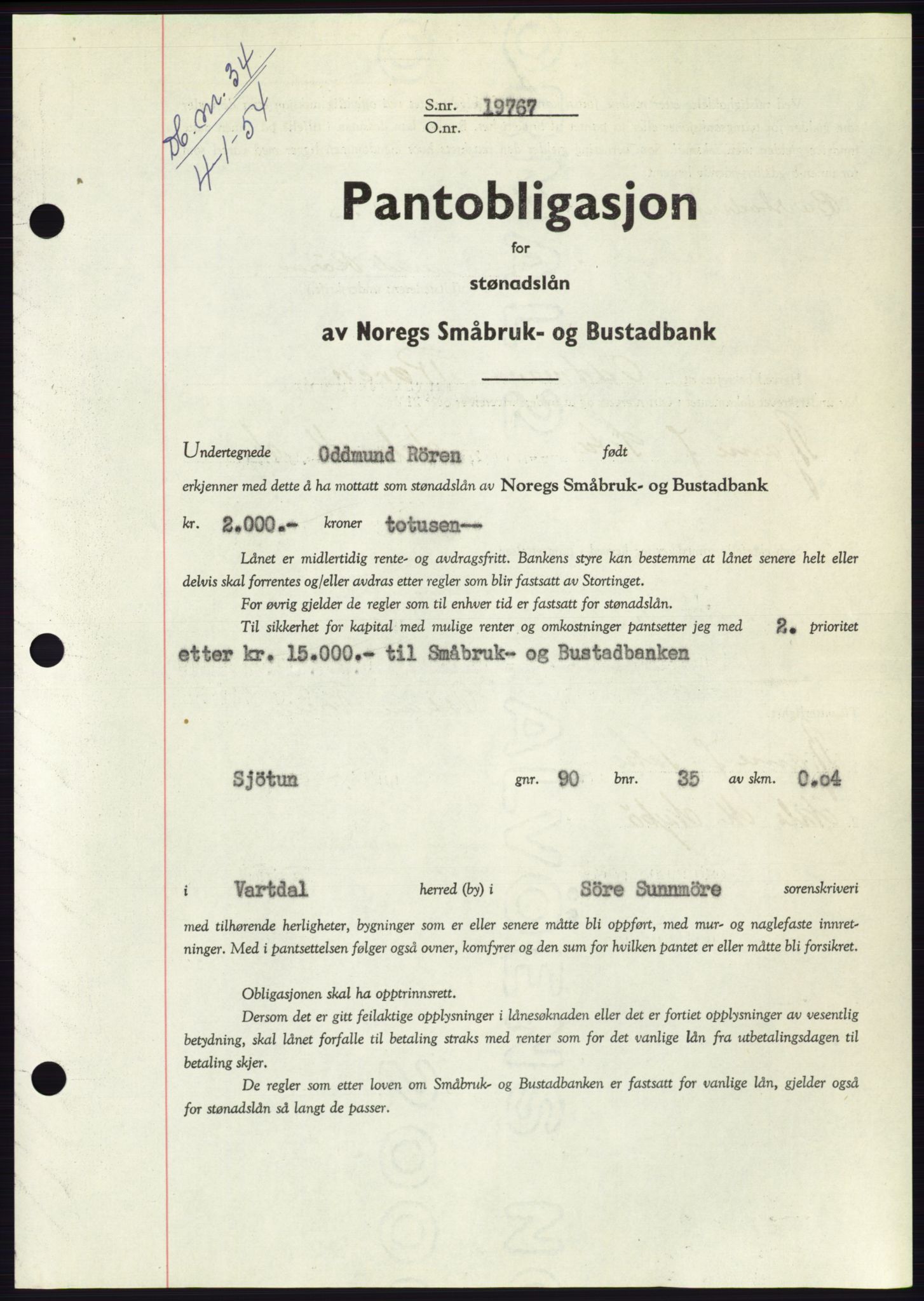 Søre Sunnmøre sorenskriveri, AV/SAT-A-4122/1/2/2C/L0124: Pantebok nr. 12B, 1953-1954, Dagboknr: 34/1954