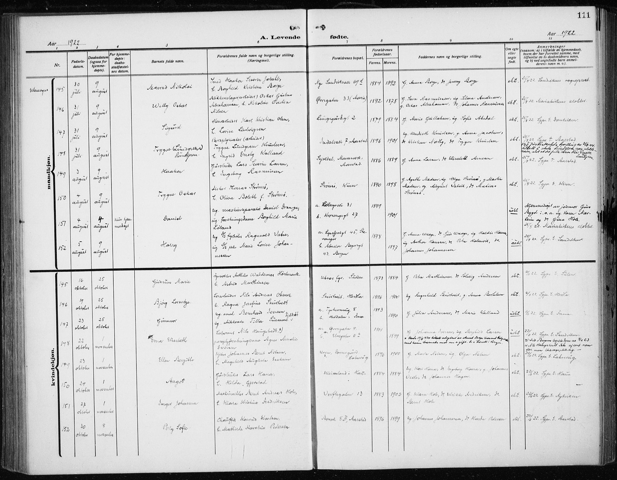 Fødselsstiftelsens sokneprestembete*, SAB/-: Ministerialbok nr. A 5, 1918-1926, s. 111