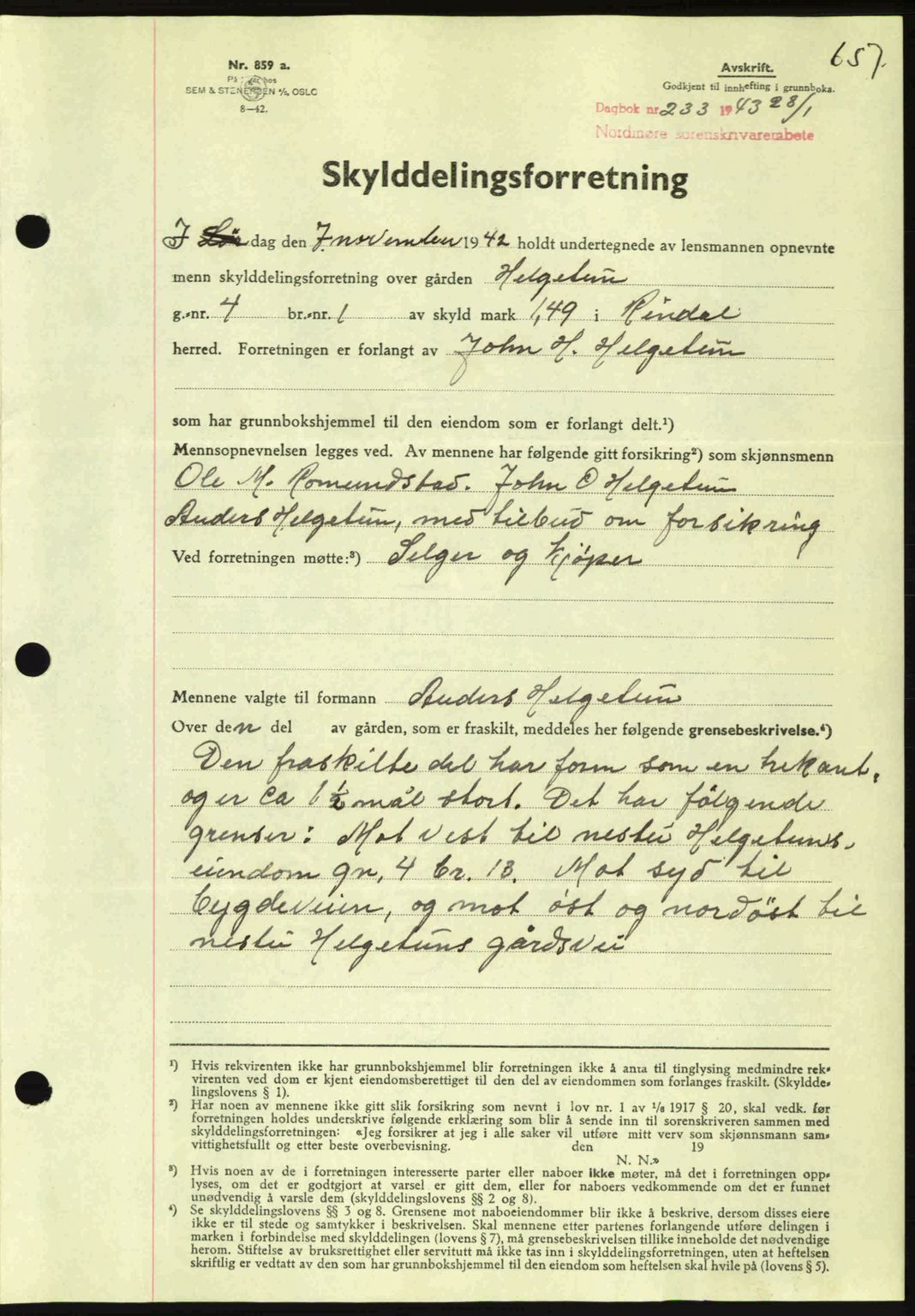 Nordmøre sorenskriveri, AV/SAT-A-4132/1/2/2Ca: Pantebok nr. A94, 1942-1943, Dagboknr: 233/1943