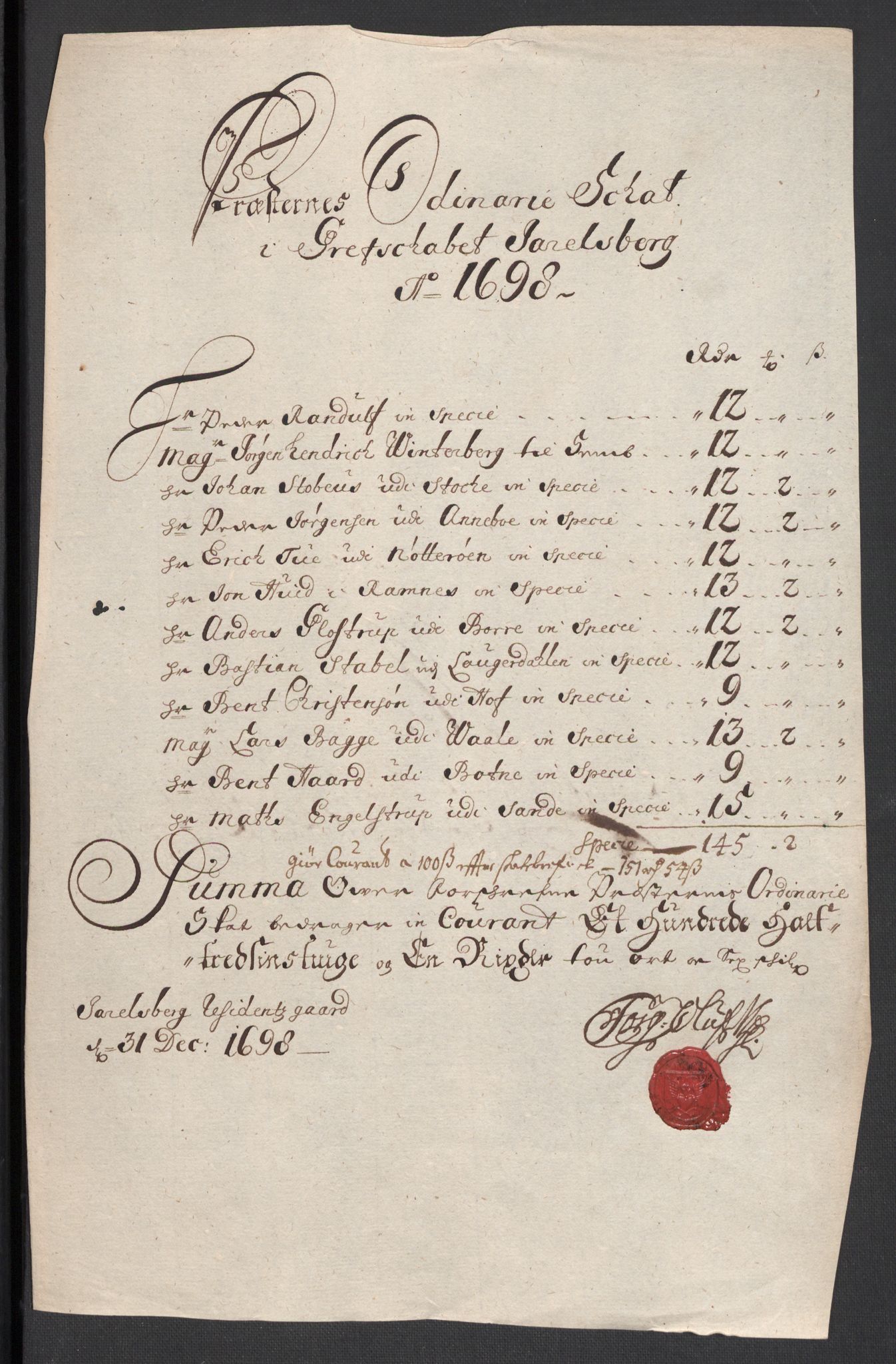 Rentekammeret inntil 1814, Reviderte regnskaper, Fogderegnskap, RA/EA-4092/R32/L1868: Fogderegnskap Jarlsberg grevskap, 1697-1699, s. 165
