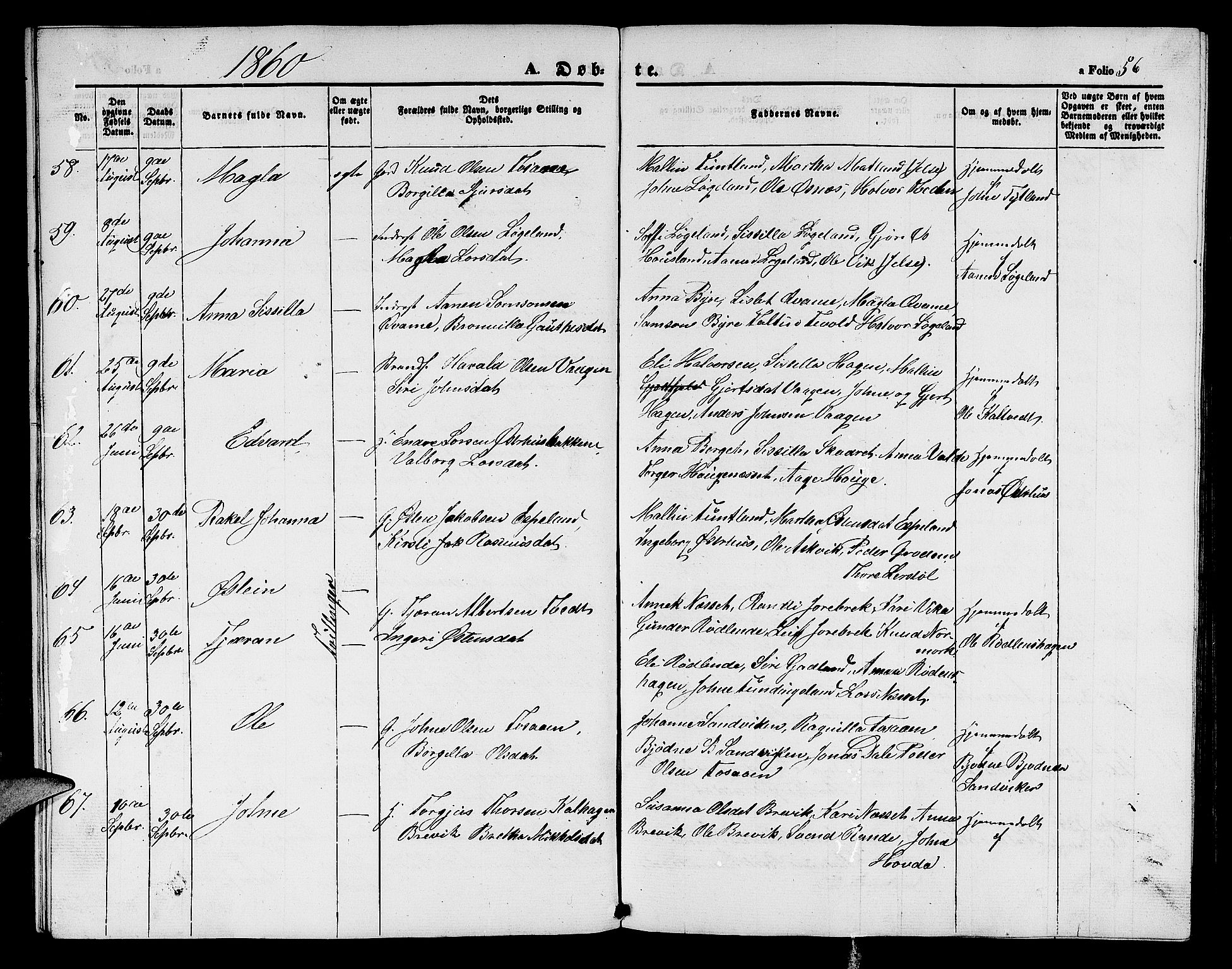 Hjelmeland sokneprestkontor, AV/SAST-A-101843/01/V/L0004: Klokkerbok nr. B 4, 1853-1883, s. 56