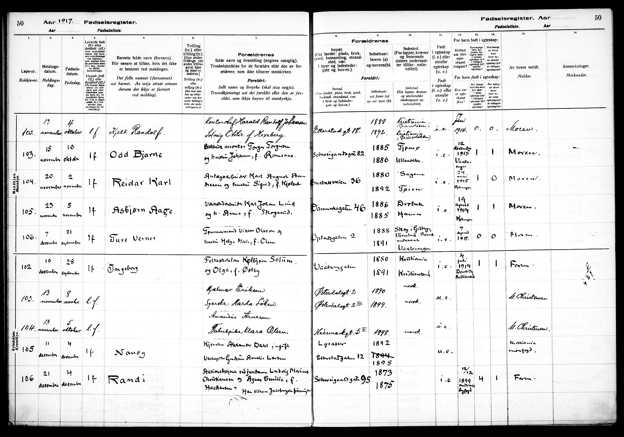 Vålerengen prestekontor Kirkebøker, AV/SAO-A-10878/J/Ja/L0001: Fødselsregister nr. 1, 1916-1924, s. 50