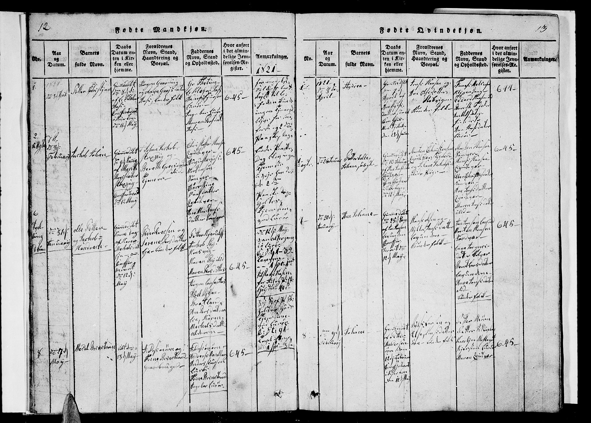 Ministerialprotokoller, klokkerbøker og fødselsregistre - Nordland, SAT/A-1459/839/L0571: Klokkerbok nr. 839C01, 1820-1840, s. 12-13