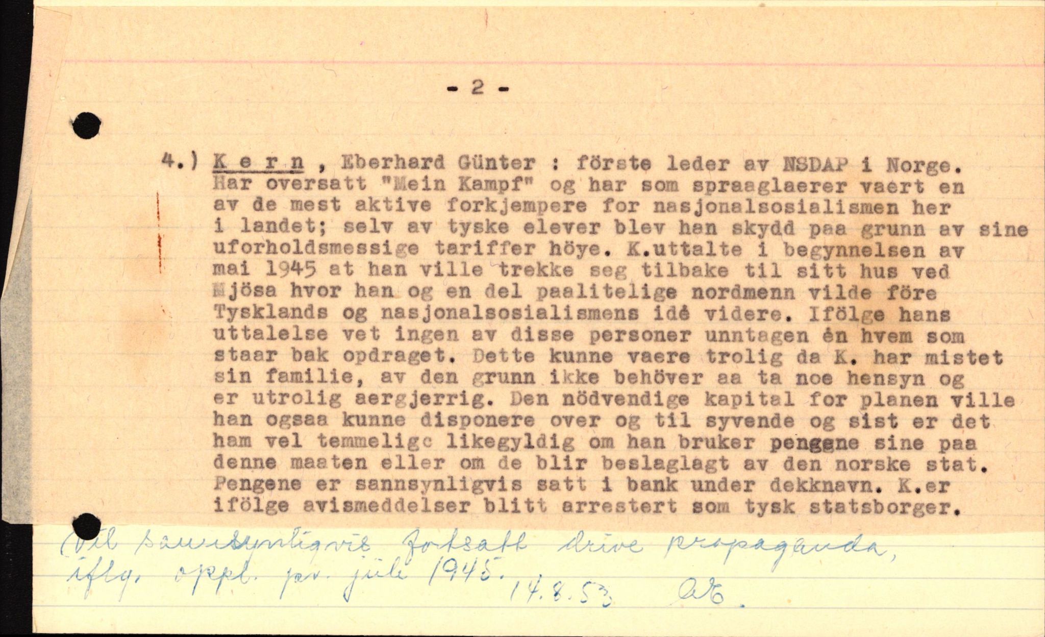 Forsvaret, Forsvarets overkommando II, RA/RAFA-3915/D/Db/L0016: CI Questionaires. Tyske okkupasjonsstyrker i Norge. Tyskere., 1945-1946, s. 322