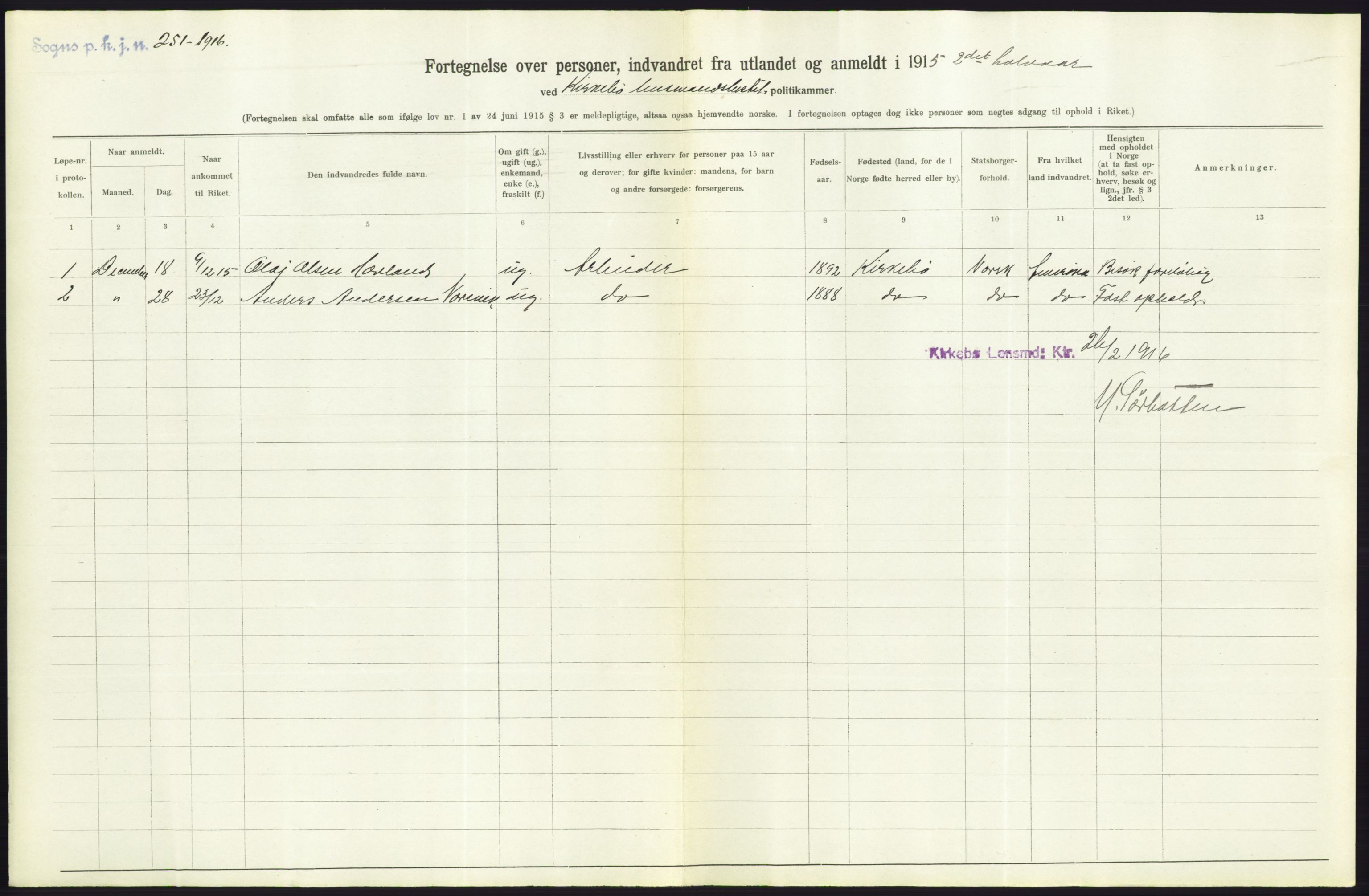 Statistisk sentralbyrå, Sosioøkonomiske emner, Folketellinger, boliger og boforhold, AV/RA-S-2231/F/Fa/L0001: Innvandring. Navn/fylkesvis, 1915, s. 452