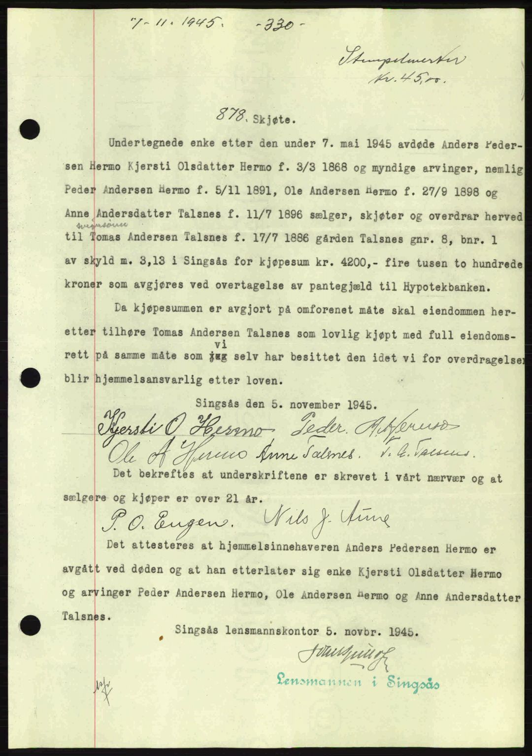 Gauldal sorenskriveri, SAT/A-0014/1/2/2C: Pantebok nr. A1a, 1945-1945, Dagboknr: 878/1945