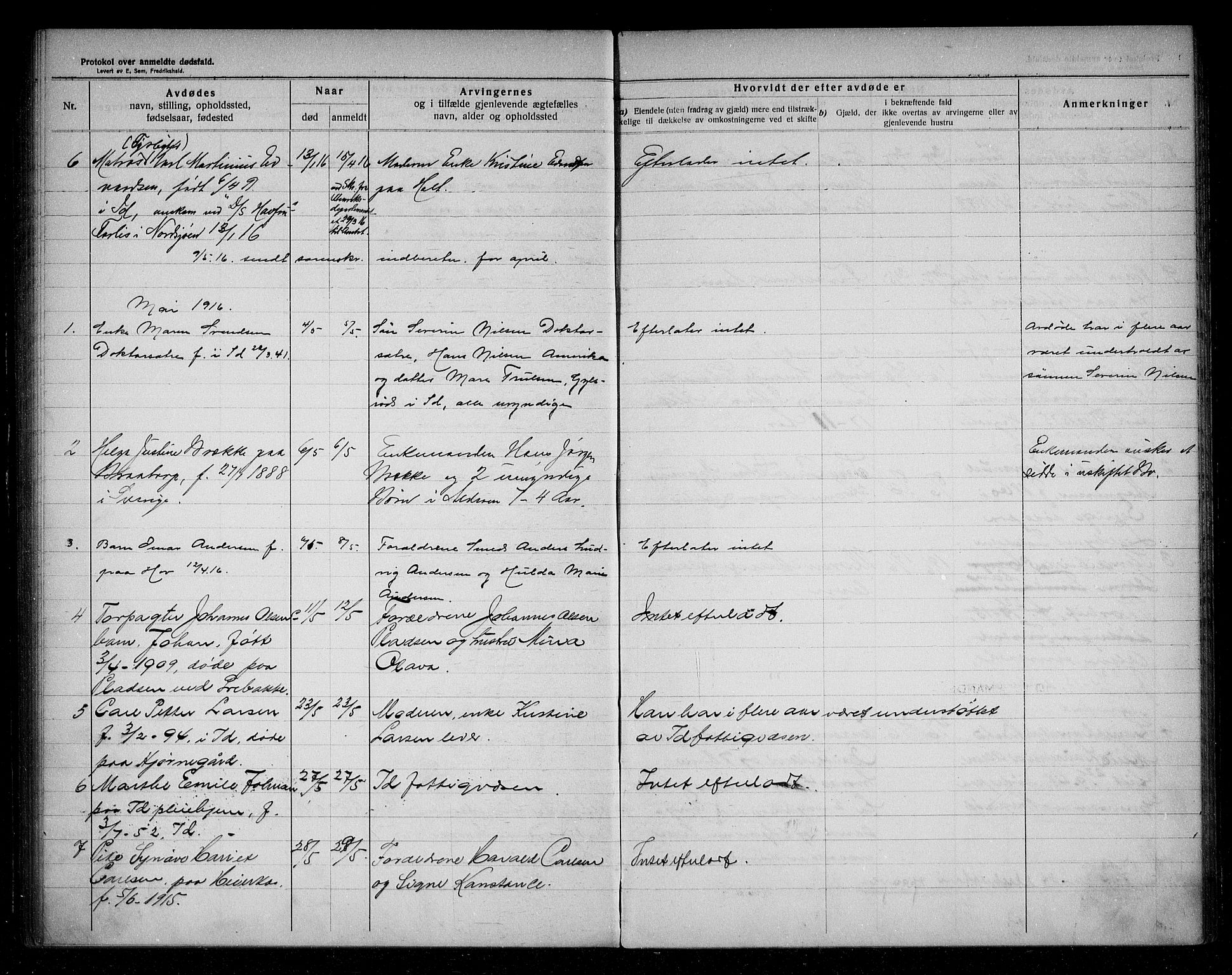Idd lensmannsarkiv, AV/SAO-A-10633/H/Ha/L0003: Dødsfallsprotokoll, 1911-1920