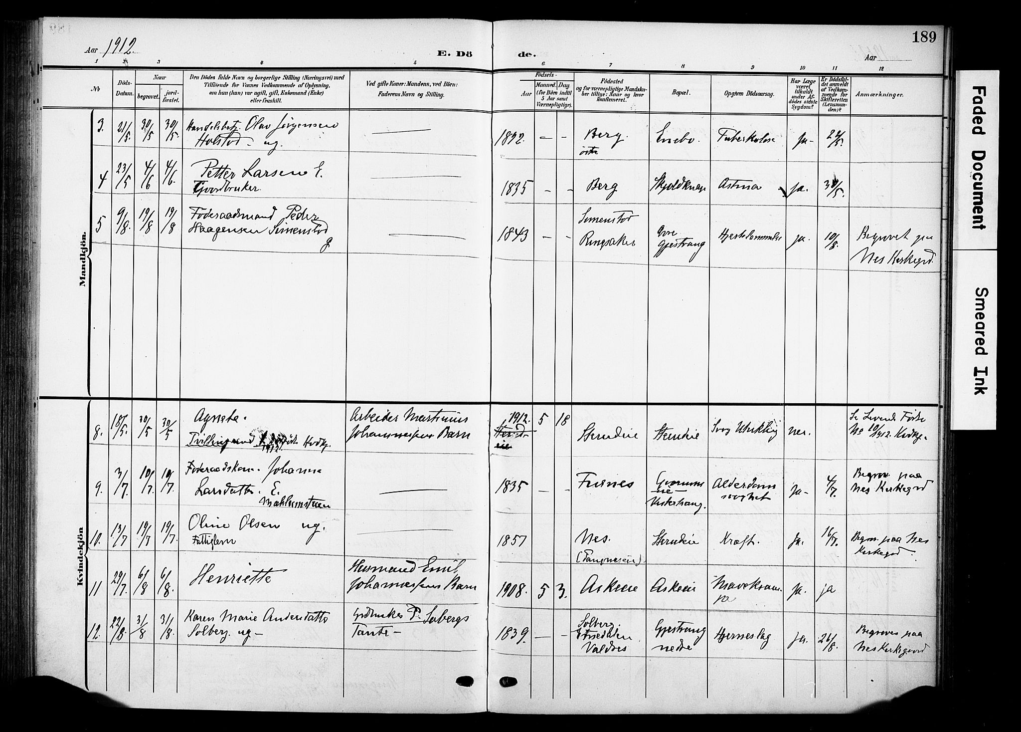 Nes prestekontor, Hedmark, AV/SAH-PREST-020/K/Ka/L0013: Ministerialbok nr. 13, 1906-1924, s. 189