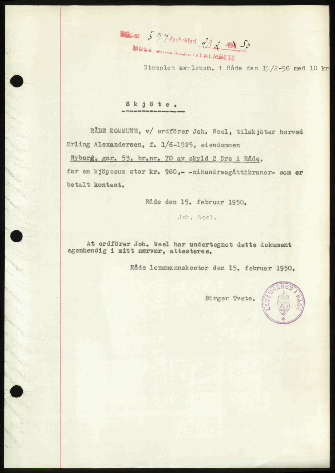 Moss sorenskriveri, SAO/A-10168: Pantebok nr. A25, 1950-1950, Dagboknr: 577/1950