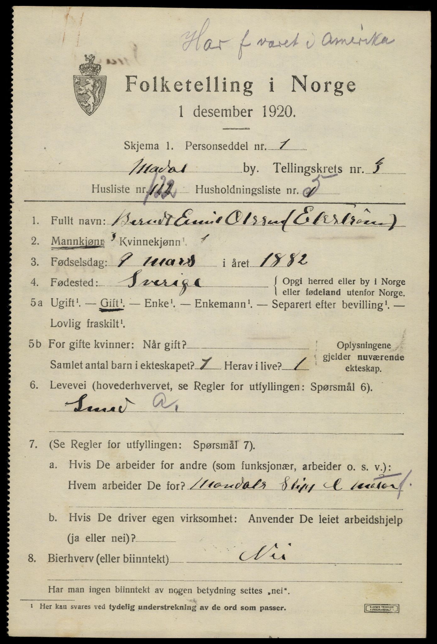 SAK, Folketelling 1920 for 1002 Mandal ladested, 1920, s. 6841