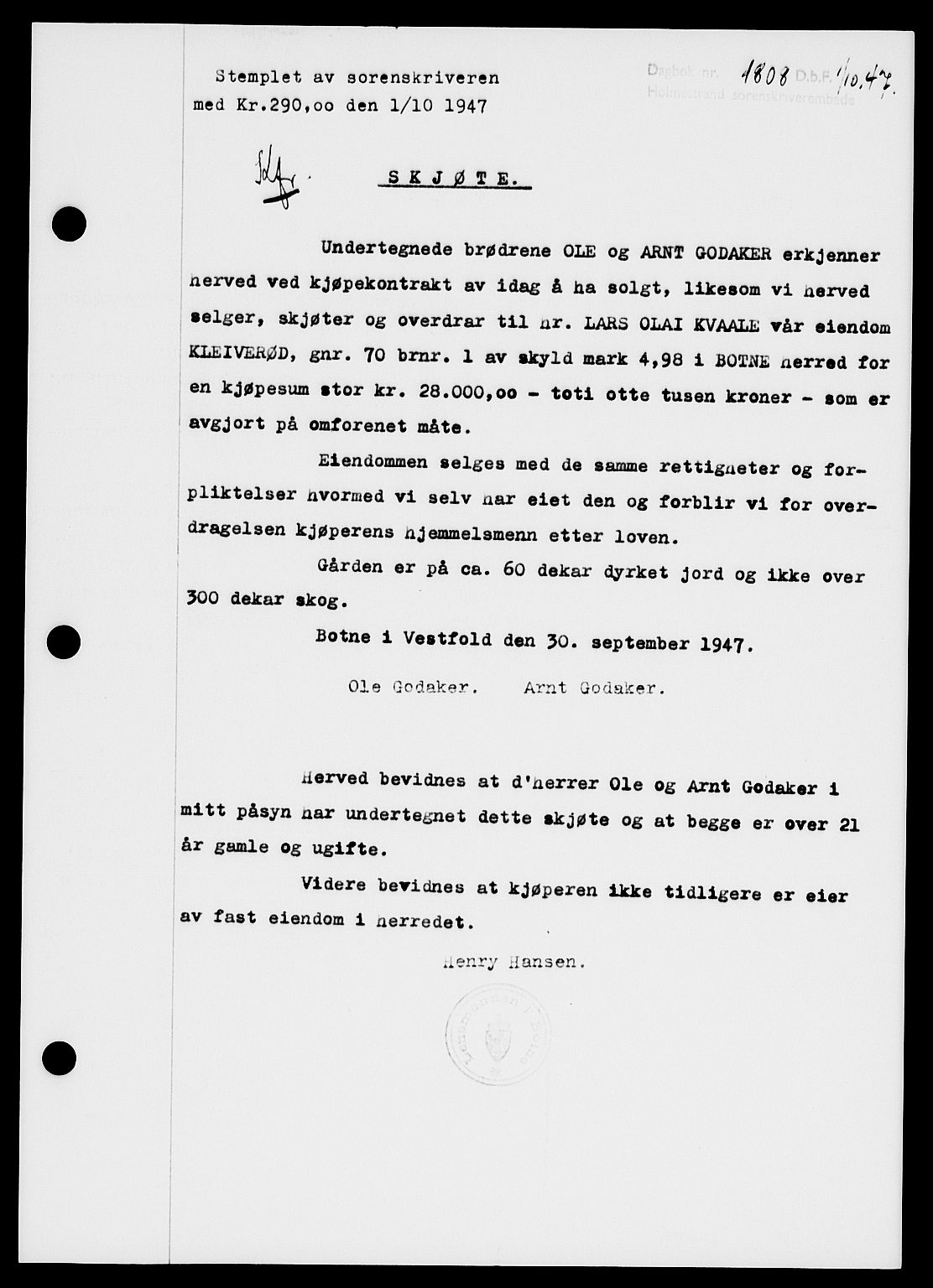 Holmestrand sorenskriveri, SAKO/A-67/G/Ga/Gaa/L0062: Pantebok nr. A-62, 1947-1947, Dagboknr: 1808/1947