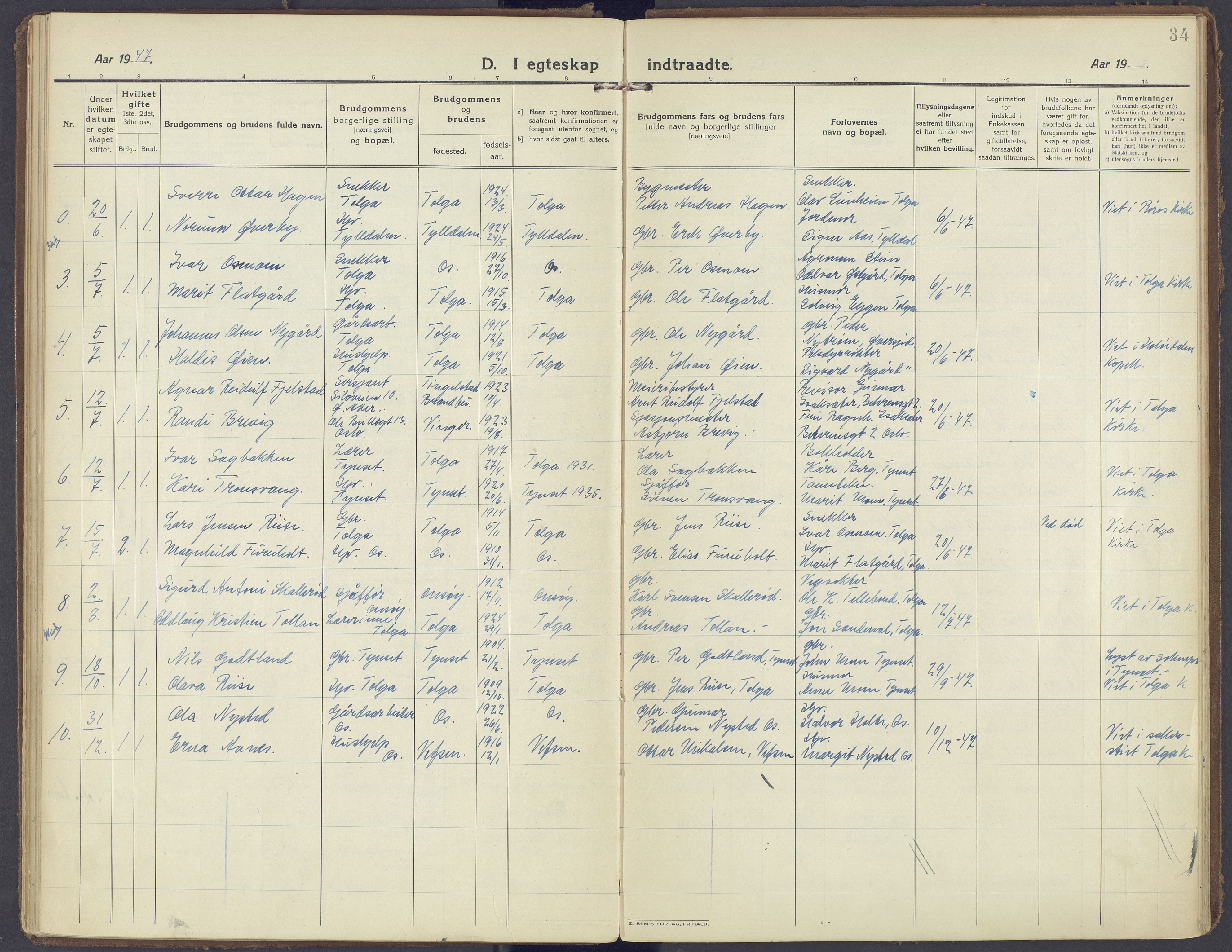 Tolga prestekontor, AV/SAH-PREST-062/K/L0019: Ministerialbok nr. 19, 1921-1974, s. 34