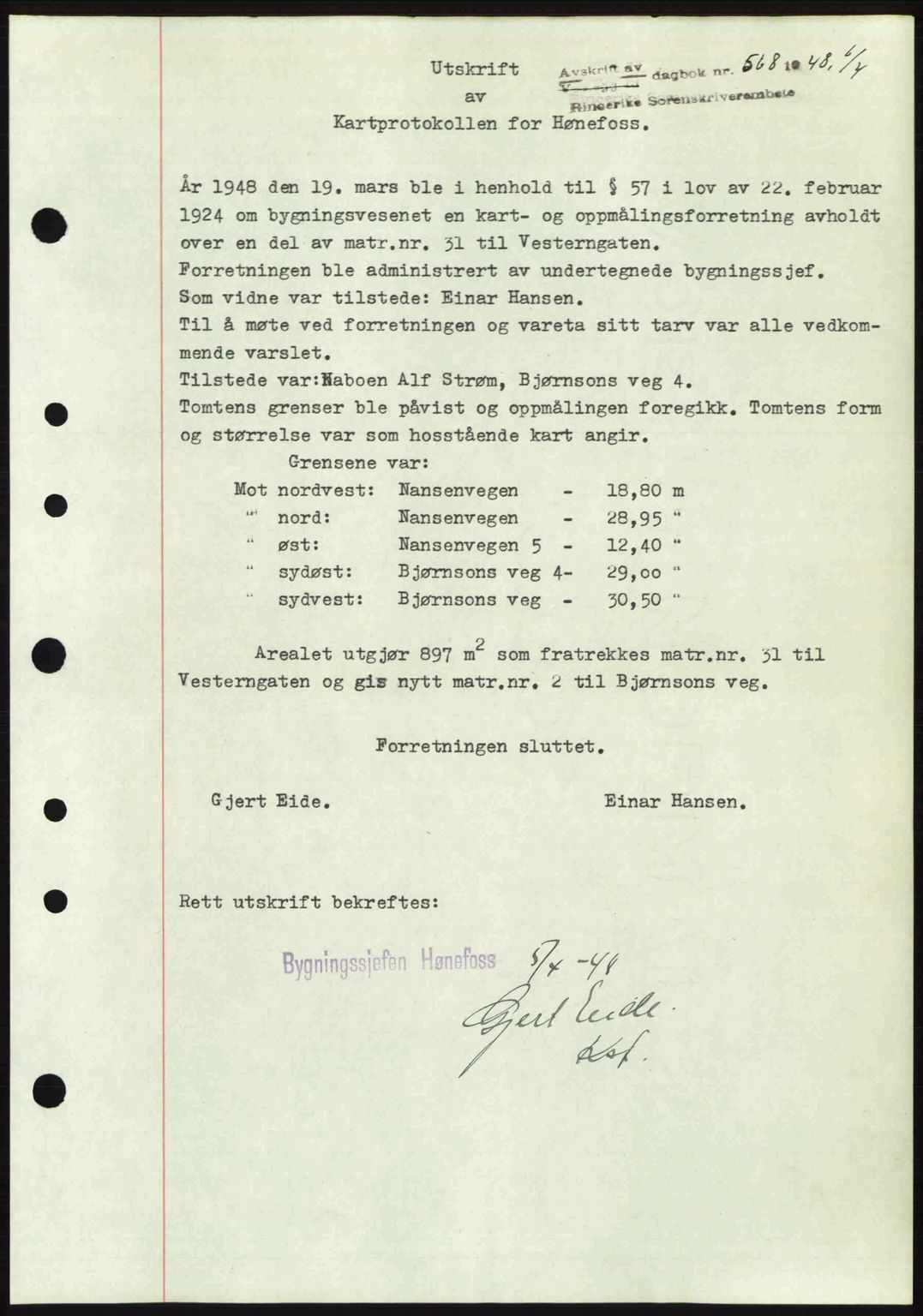 Ringerike sorenskriveri, SAKO/A-105/G/Ga/Gab/L0088: Pantebok nr. A-19, 1948-1948, Dagboknr: 568/1948