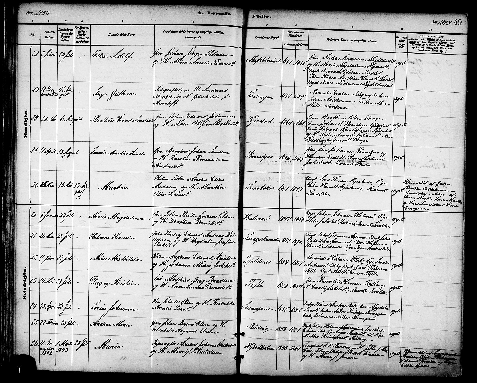 Ministerialprotokoller, klokkerbøker og fødselsregistre - Nordland, AV/SAT-A-1459/872/L1035: Ministerialbok nr. 872A10, 1884-1896, s. 49