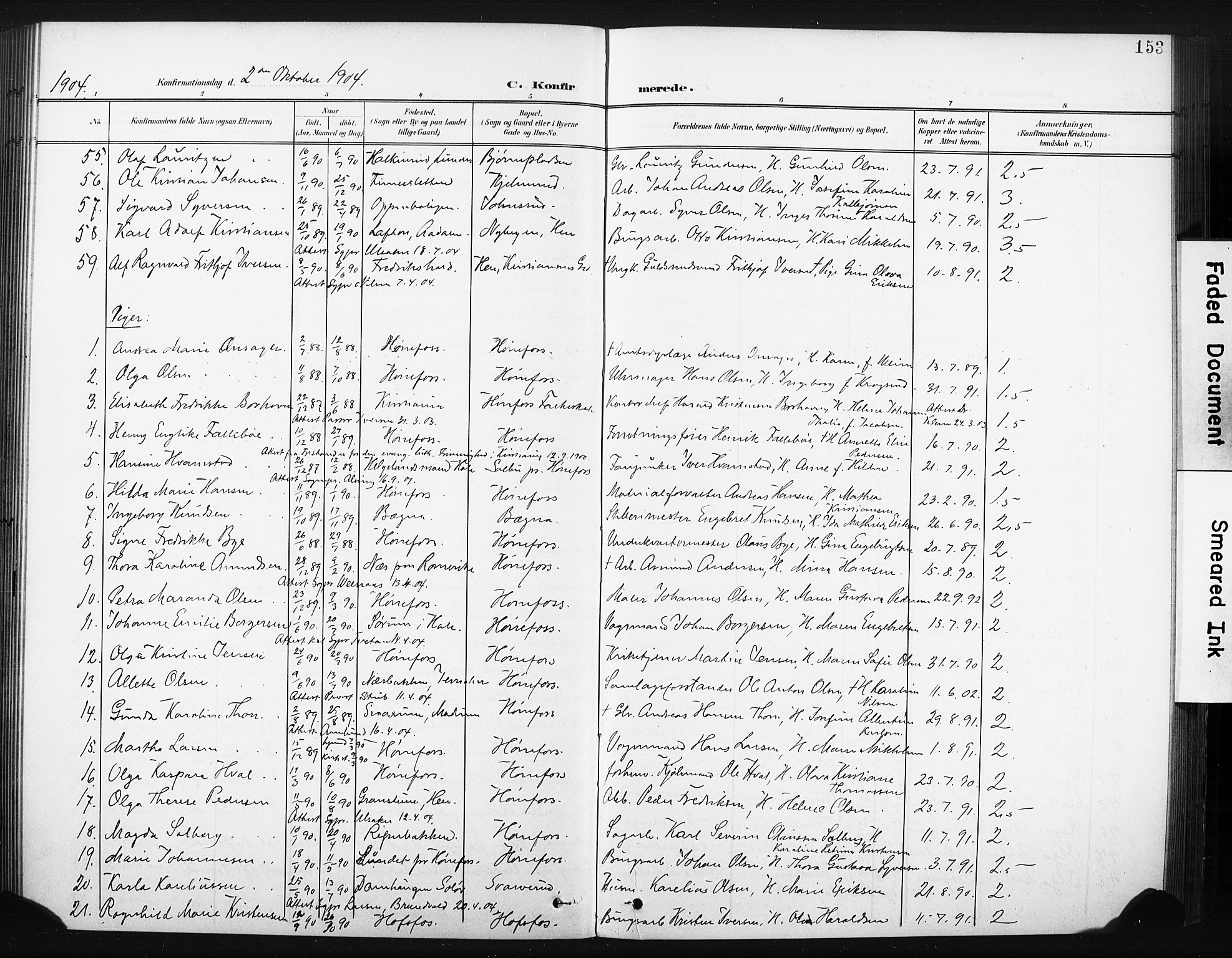Hønefoss kirkebøker, AV/SAKO-A-609/F/Fa/L0003: Ministerialbok nr. 3, 1900-1913, s. 153