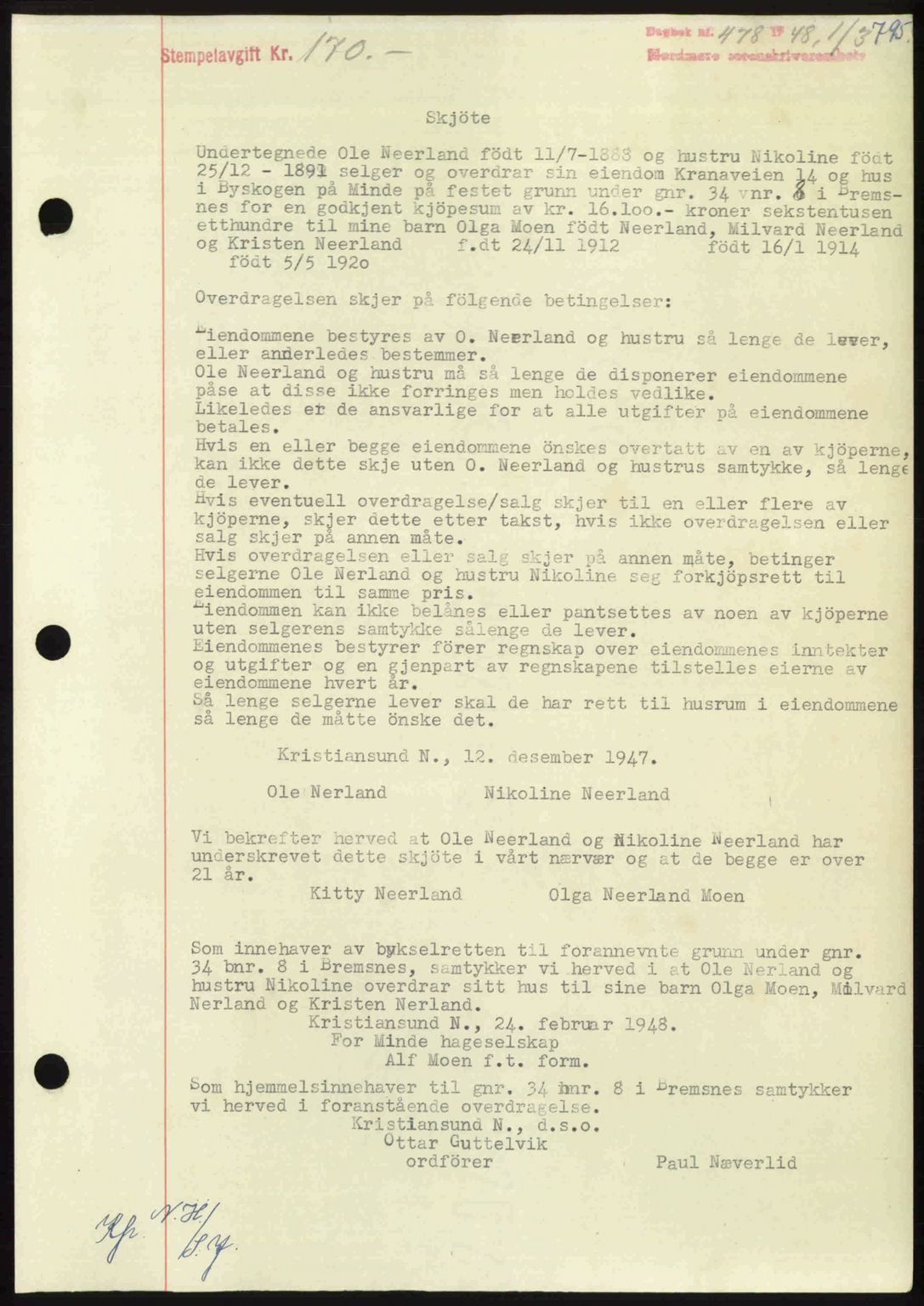 Nordmøre sorenskriveri, AV/SAT-A-4132/1/2/2Ca: Pantebok nr. A107, 1947-1948, Dagboknr: 478/1948