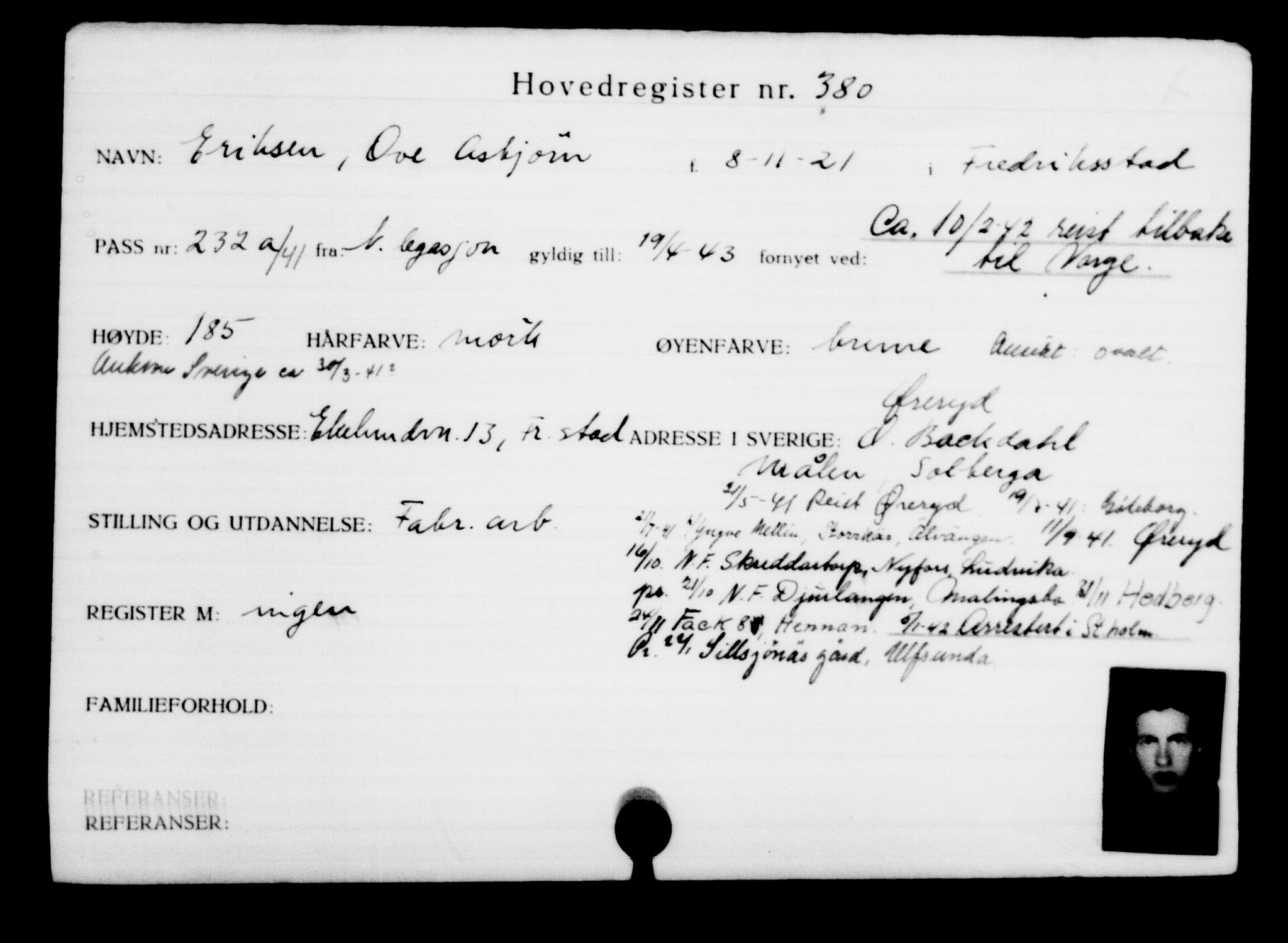 Utenriksstasjonene, Legasjonen i Stockholm, Flyktningkontoret, AV/RA-S-6753/V/Va/L0001: Kjesäterkartoteket, flyktninger med registreringsnr. 1-1000, 1940-1945, s. 598