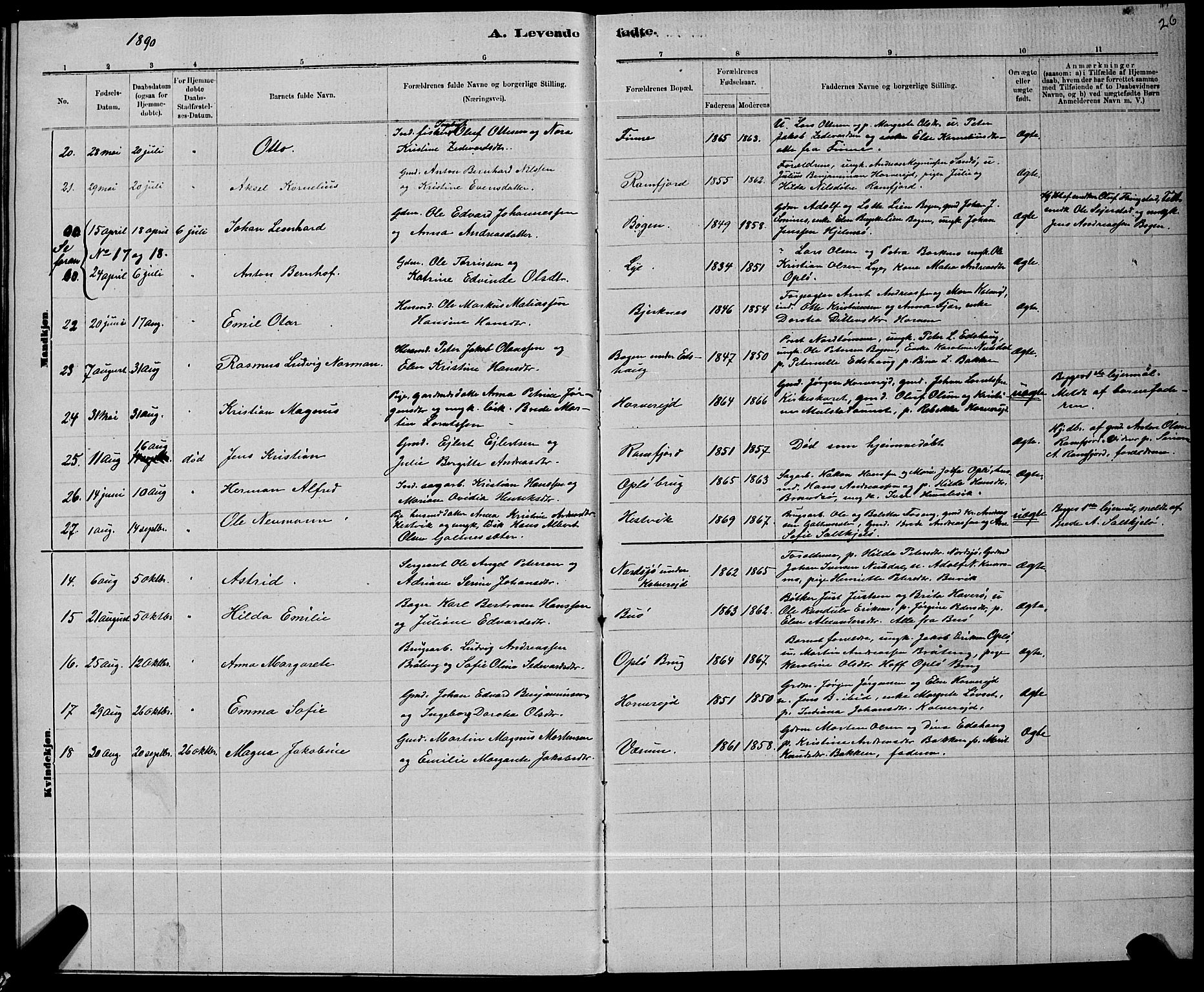 Ministerialprotokoller, klokkerbøker og fødselsregistre - Nord-Trøndelag, SAT/A-1458/780/L0651: Klokkerbok nr. 780C03, 1884-1898, s. 26
