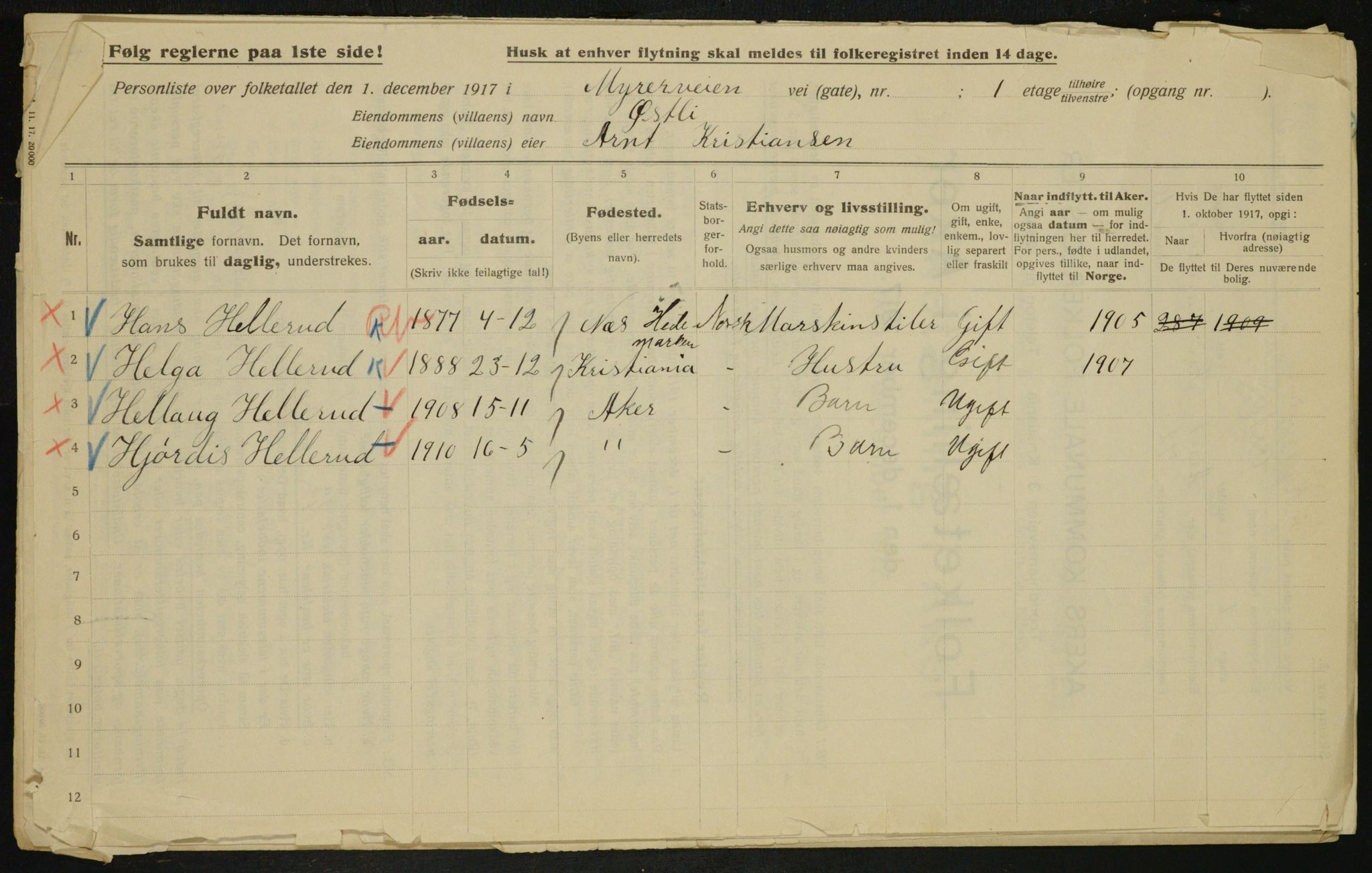 OBA, Kommunal folketelling 1.12.1917 for Aker, 1917, s. 14154