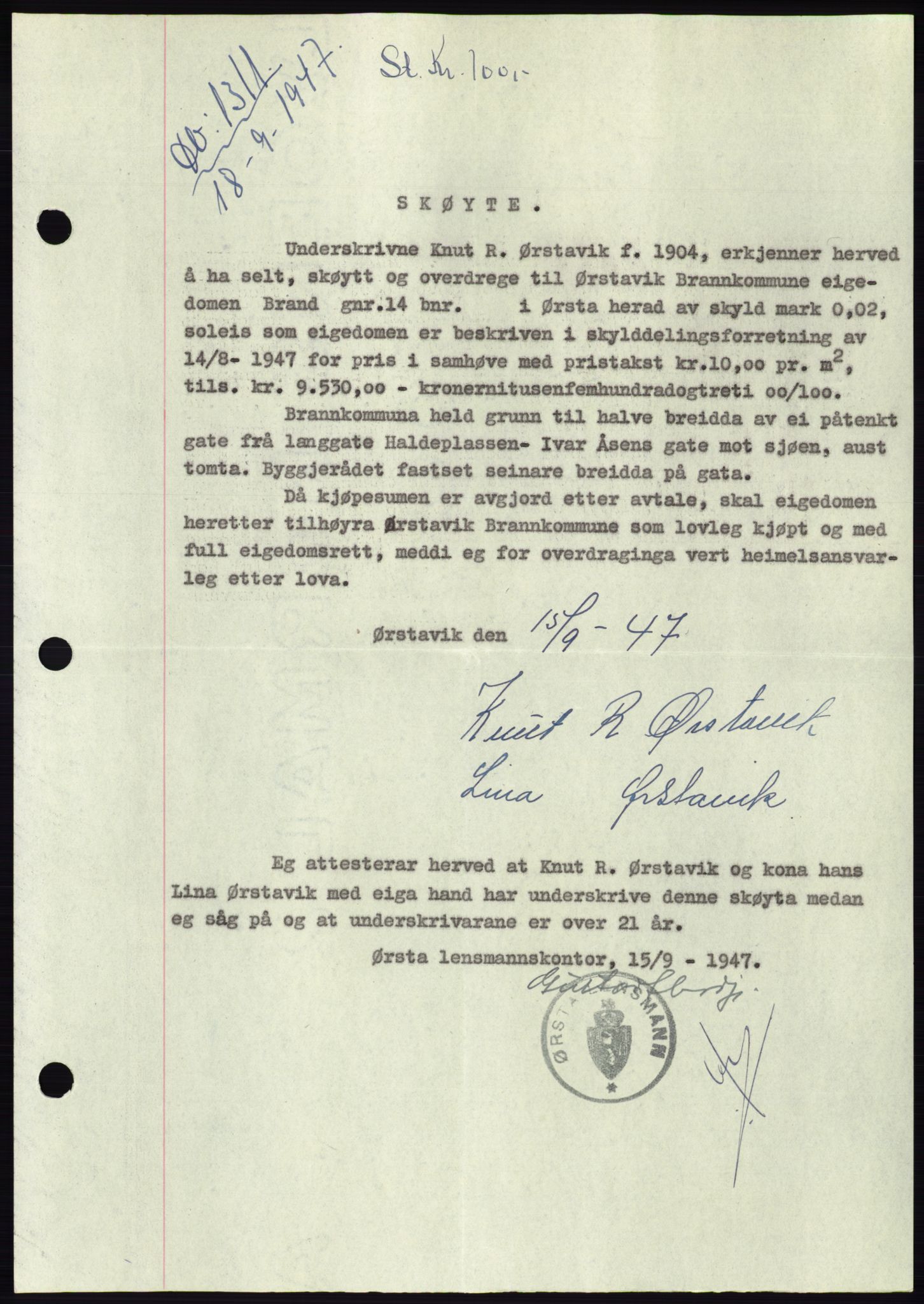 Søre Sunnmøre sorenskriveri, SAT/A-4122/1/2/2C/L0081: Pantebok nr. 7A, 1947-1948, Dagboknr: 1311/1947